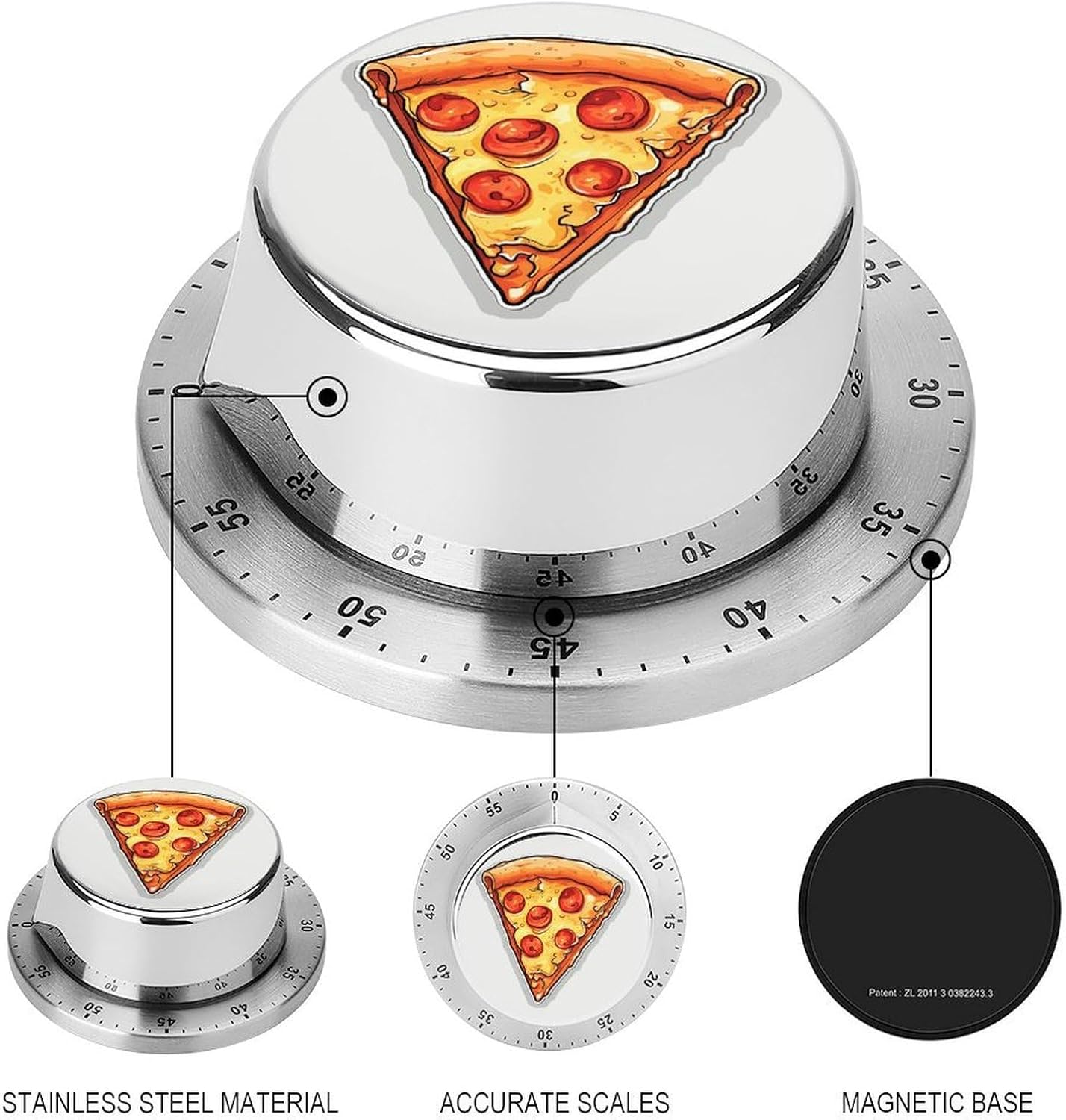 Cartoon Pizza Digital Kitchen Timer for Cooking 60 Minute Wind Up Timer with Loud Alarm Visual Mechanical Timers Magnetic Countdown Countup Timers Exquisite Stainless Steel Body