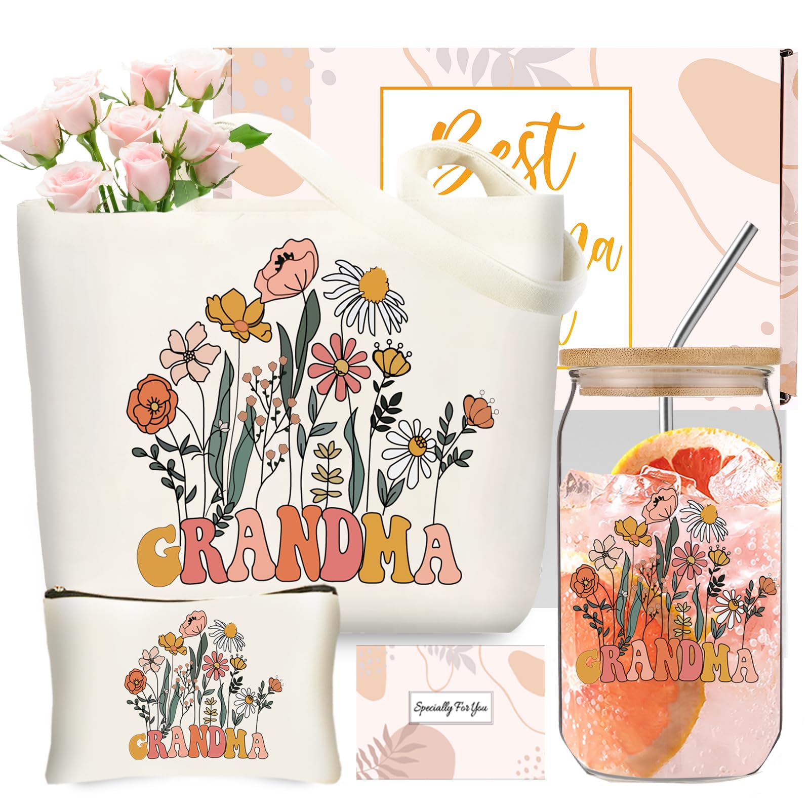 Cadeau d'anniversaire pour grand-mère : sac fourre-tout en toile et tasse en verre 473ml