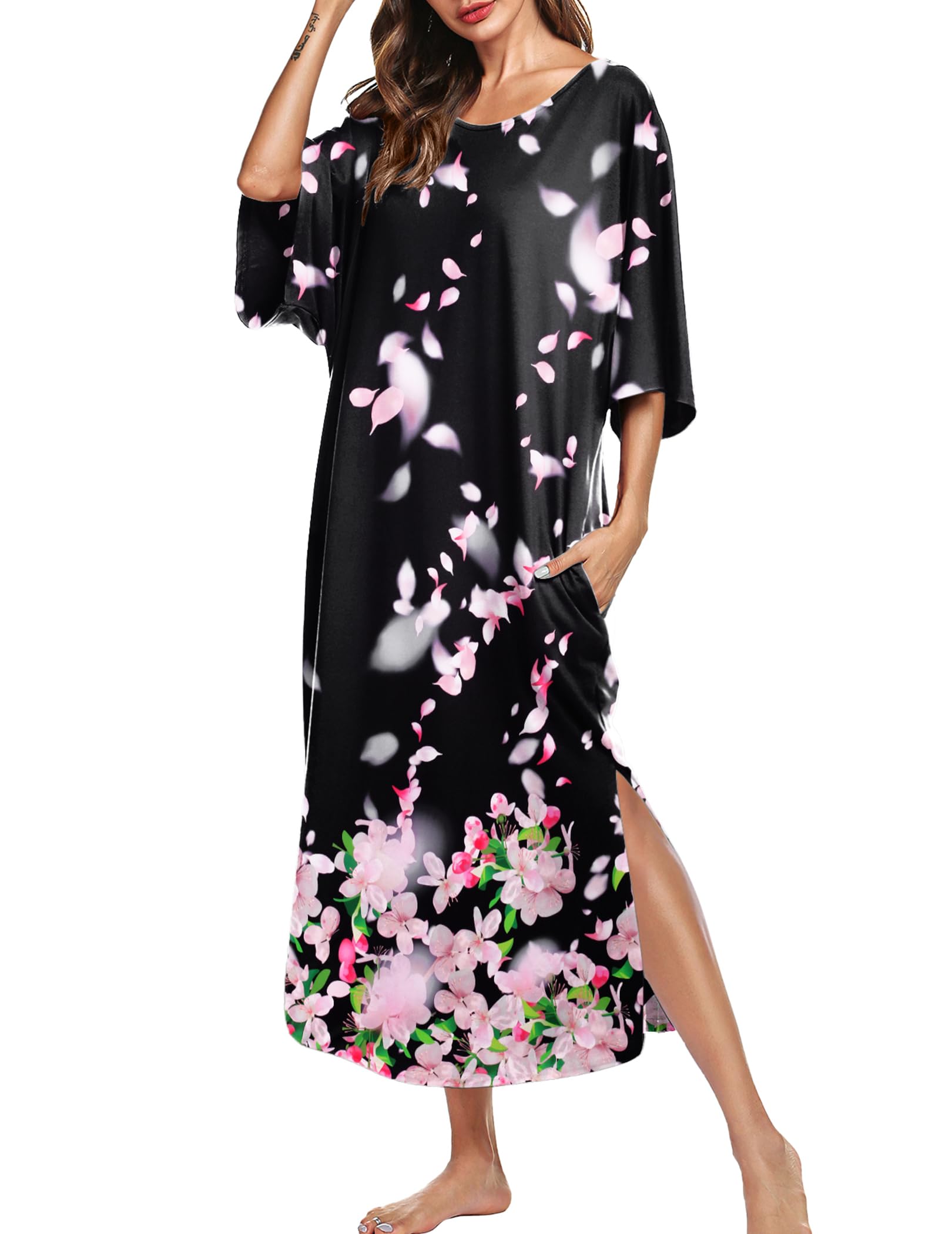 Ekouaer Long Nightgowns for Women Short Sleeve Night Gowns with Pockets | Casual Maxi Lounge Dress, Round Neck Sleep Dress, Plus Size House Dress, Side Split Sleepshirts for Lounging, Home, Party