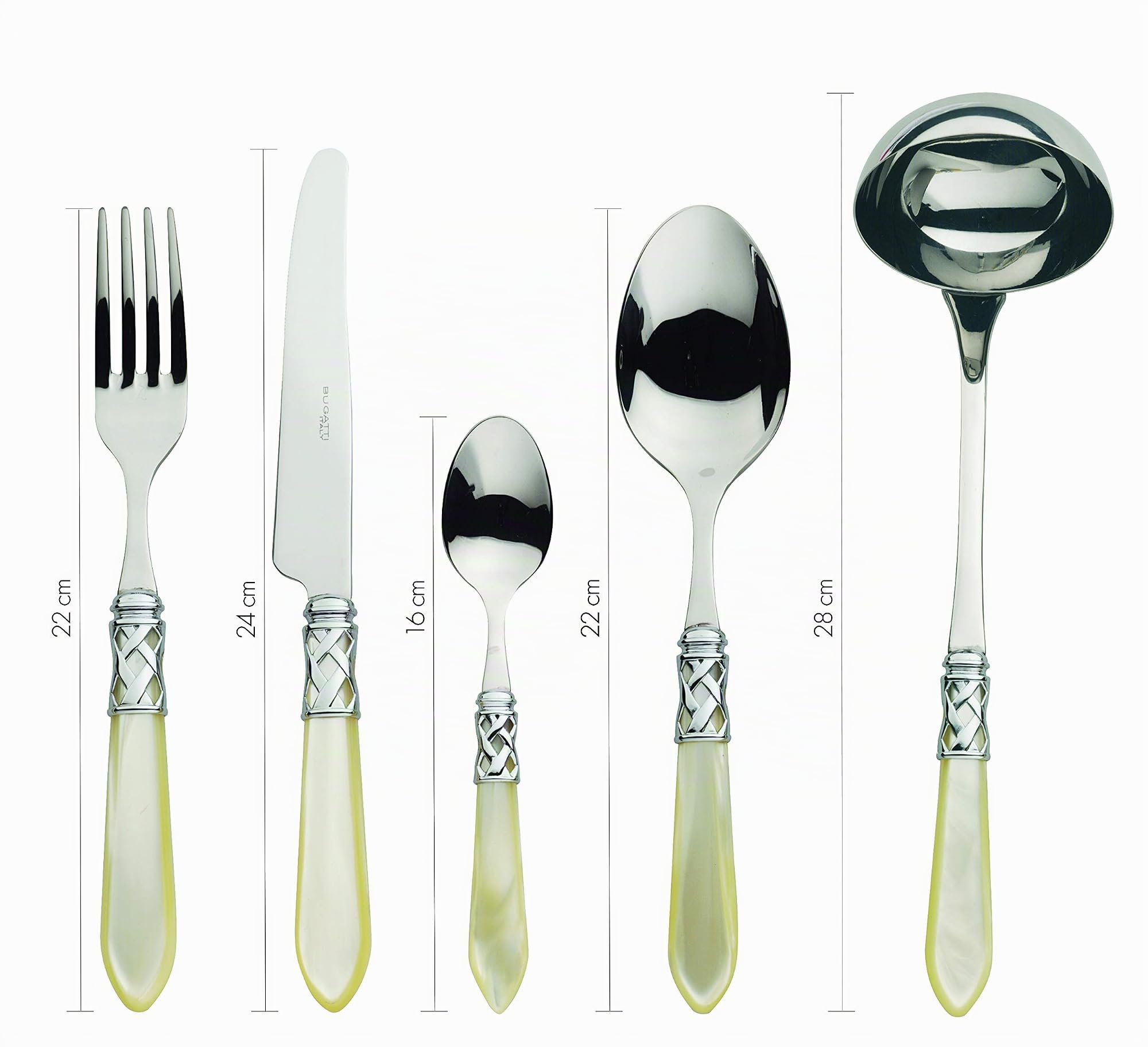 BUGATTI, Aladdin, Ensemble de 49 Couverts en Acier Inoxydable, Anneau Chromé et Manche Couleur Ivoire avec Effet Nacre. 12 cuillères, 12 fourchettes, 12 Couteaux, 12 cuillères à café et 1 louche