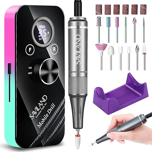 SAVILAND Taladro de uñas eléctrico de 35000 RPM para uñas acrílicas, morado y verde degradado, 4000 mAh, lima de uñas eléctrica recargable para dar