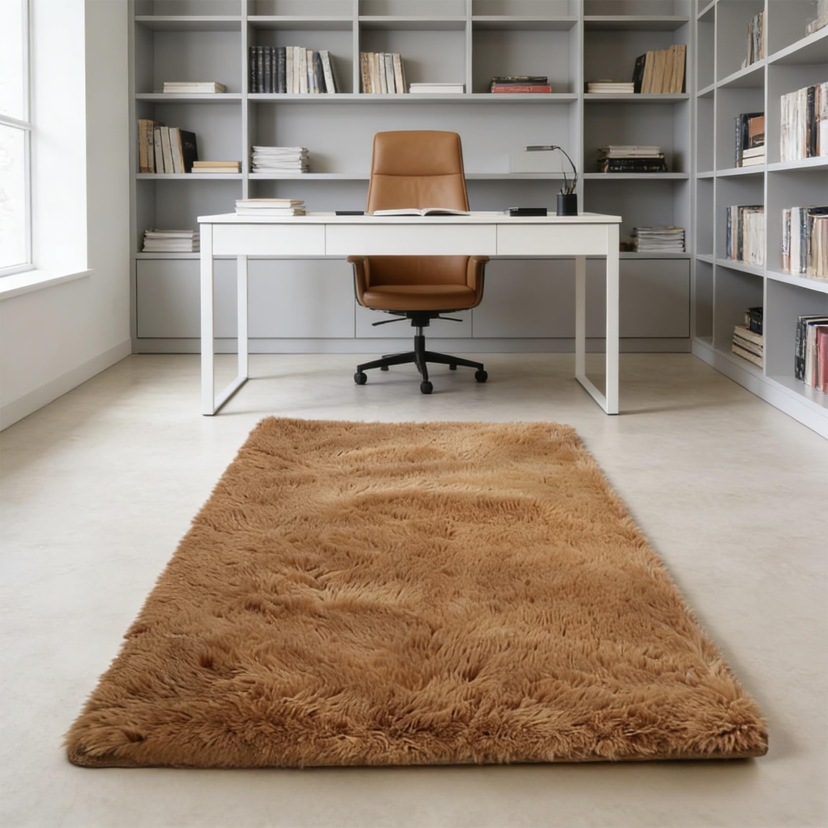 Tapis de salon 290 x 150 cm marron à poils longs moelleux et moderne
