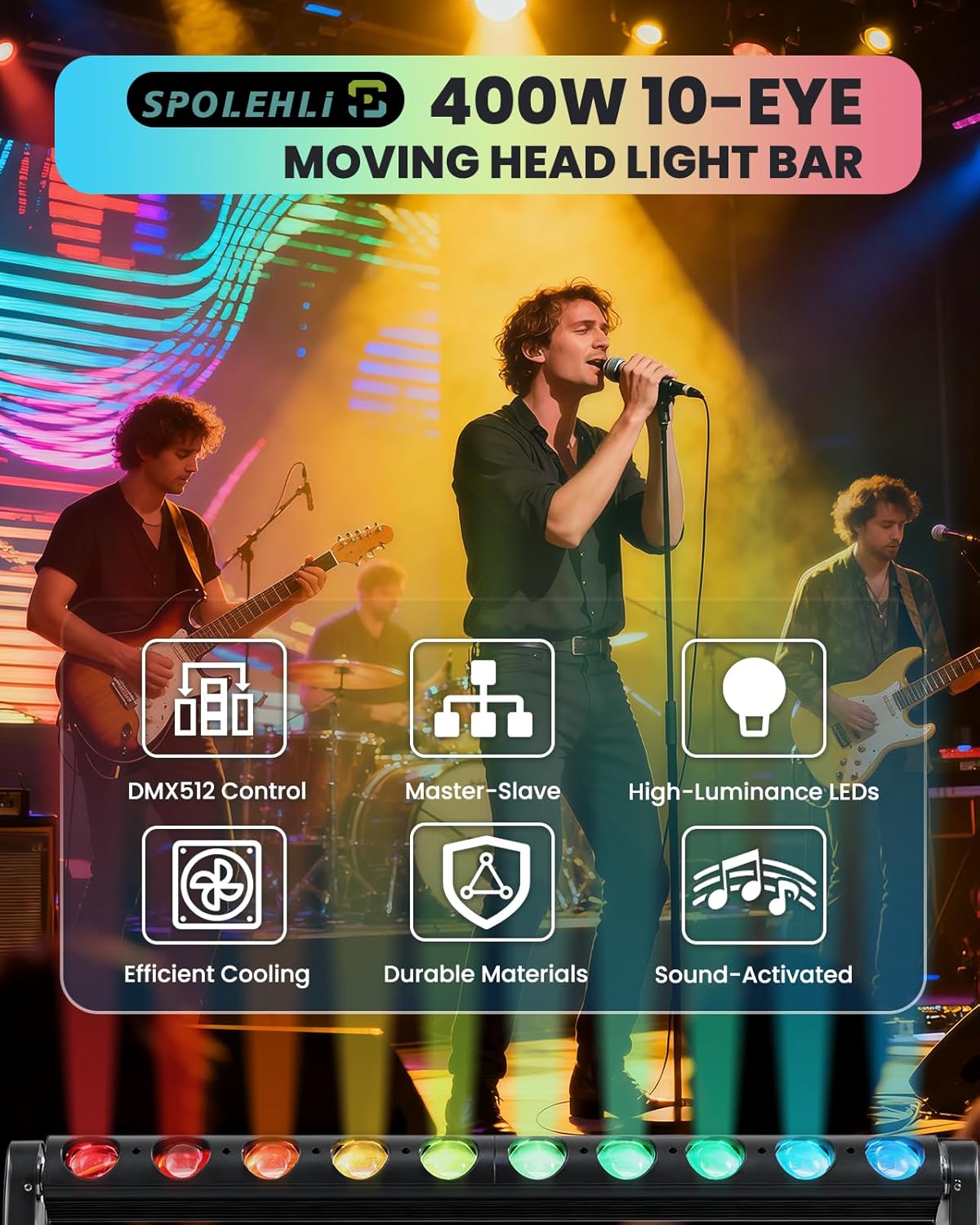400W 10-Eye Moving Head Light Bar, 127+ Dynamic Effects, RGBW 4-in-1 Wall Washer Light, DMX512 Sound-Activated DJ Stage Lighting for Wedding Party Theater