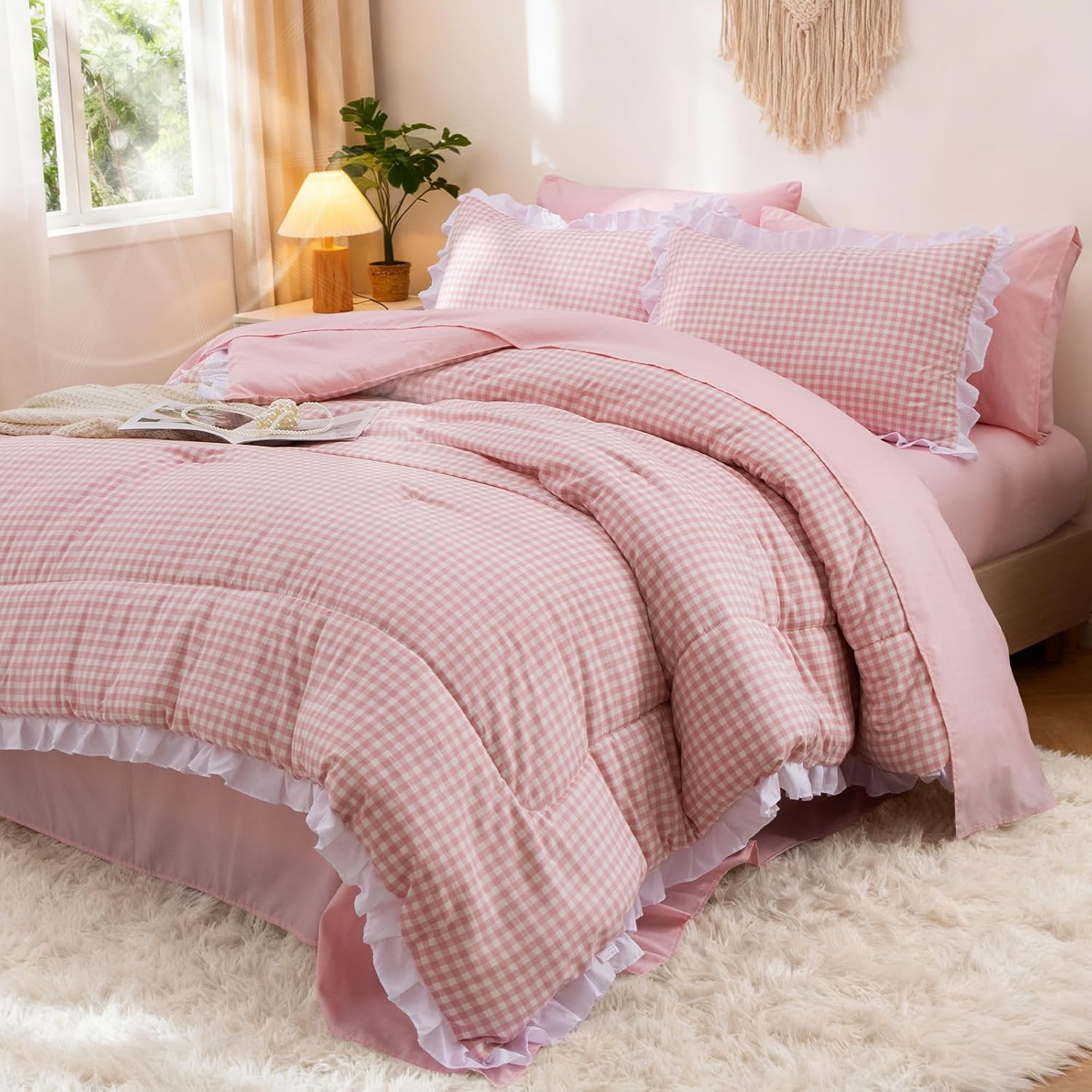 A Nice Night 5 Pieces Lightweight Soft Rustic Pink Ruffle Comforter, Plaid Checkered Chic Bedding Comforter Set for Queen Bed