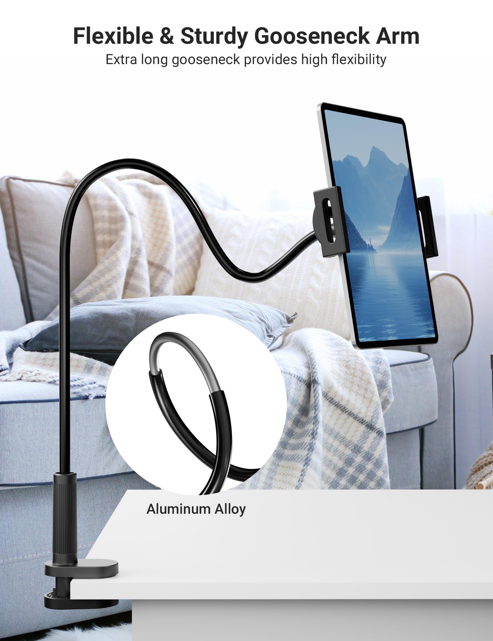 Flexible Gooseneck Tablet Holder, 360° Adjustable Phone Mount with Sturdy Clamp for Desk/Bed/Kitchen, Compatible with iPad Air Pro Mini iPhone/Samsung Galaxy Tabs/Nintendo Switch/4.7~12.9