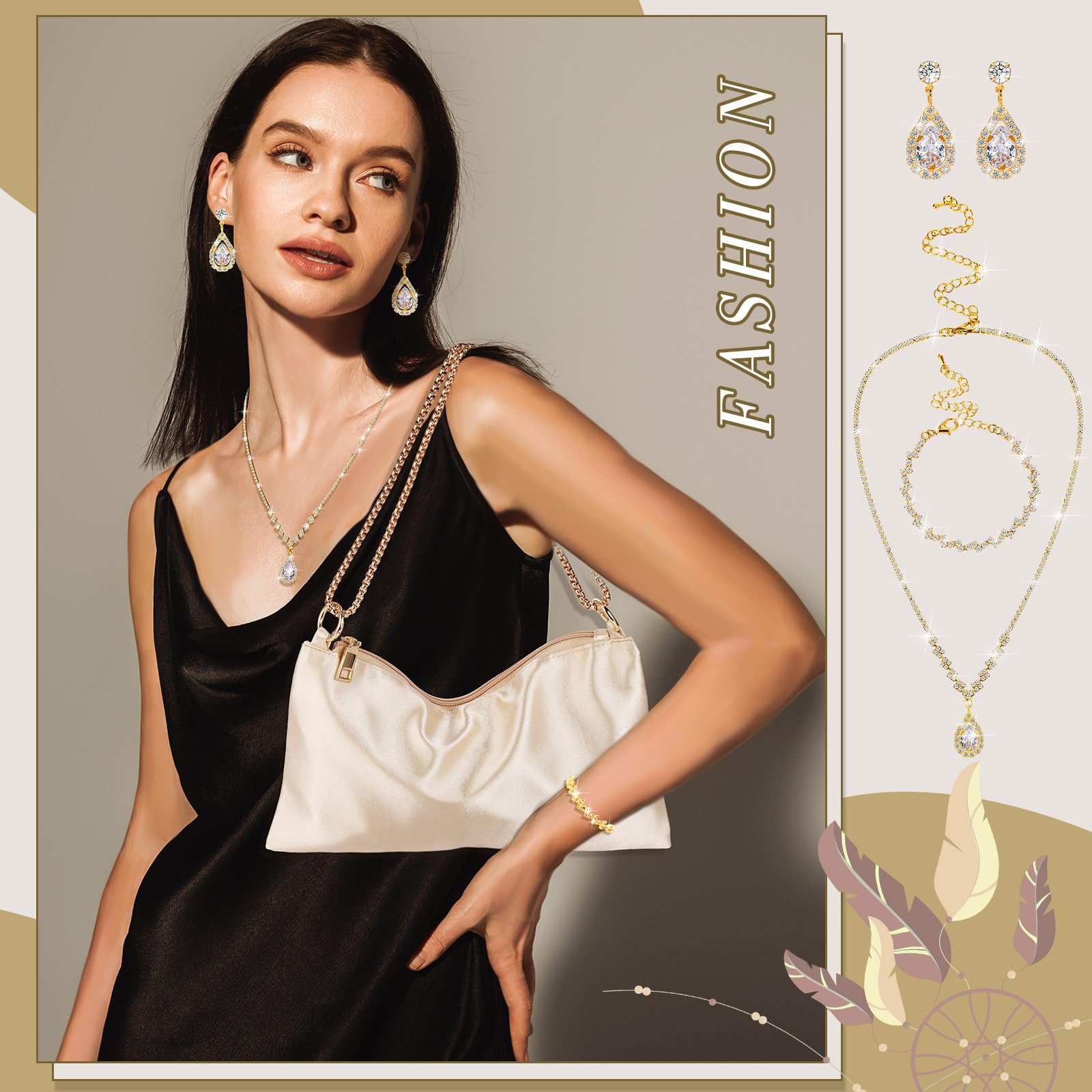 Clysee 4 Pcs Satin Purse Jewelry Sets Woman Evening Handbag Wedding Shoulder Bag Purse for Prom Formal Cocktail Wedding Bride(Champagne Gold)