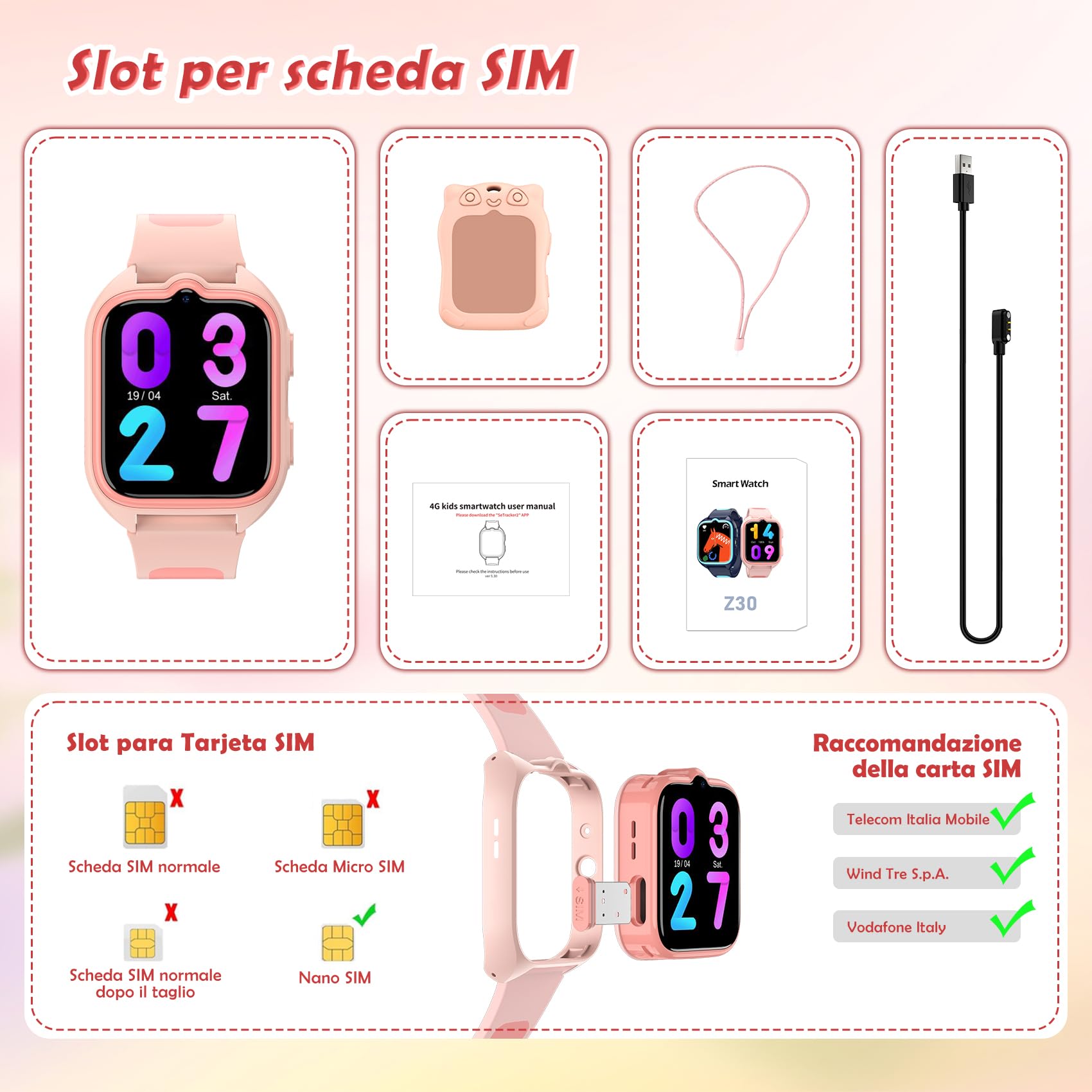 4G Orologio Smartwatch per Bambini con Chiamate Video, GPS, SOS, 7 Giochi, Chat Vocale, Torcia, Contapassi, Fotocamera e Cinturino in Silicone per Bambino 4-12 Anni Regalo, Rosa