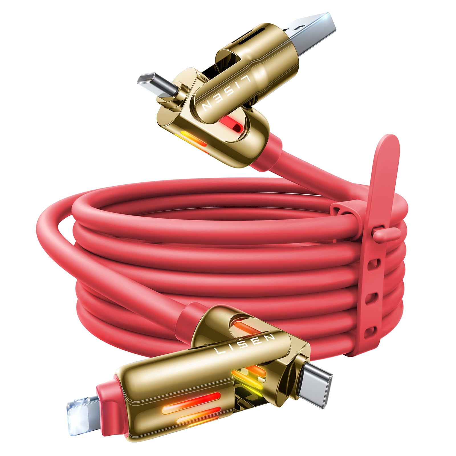 LISEN 240W Chubby Cable for iPhone 14 Pro Max Charger Cord 6.6FT, 4 in 1 USB A/C to C/L Multi Charging Cable with Light for iPhone 16 15 14 Pro Max/MacBook/iPad Pro M5/Samsung S25, Red