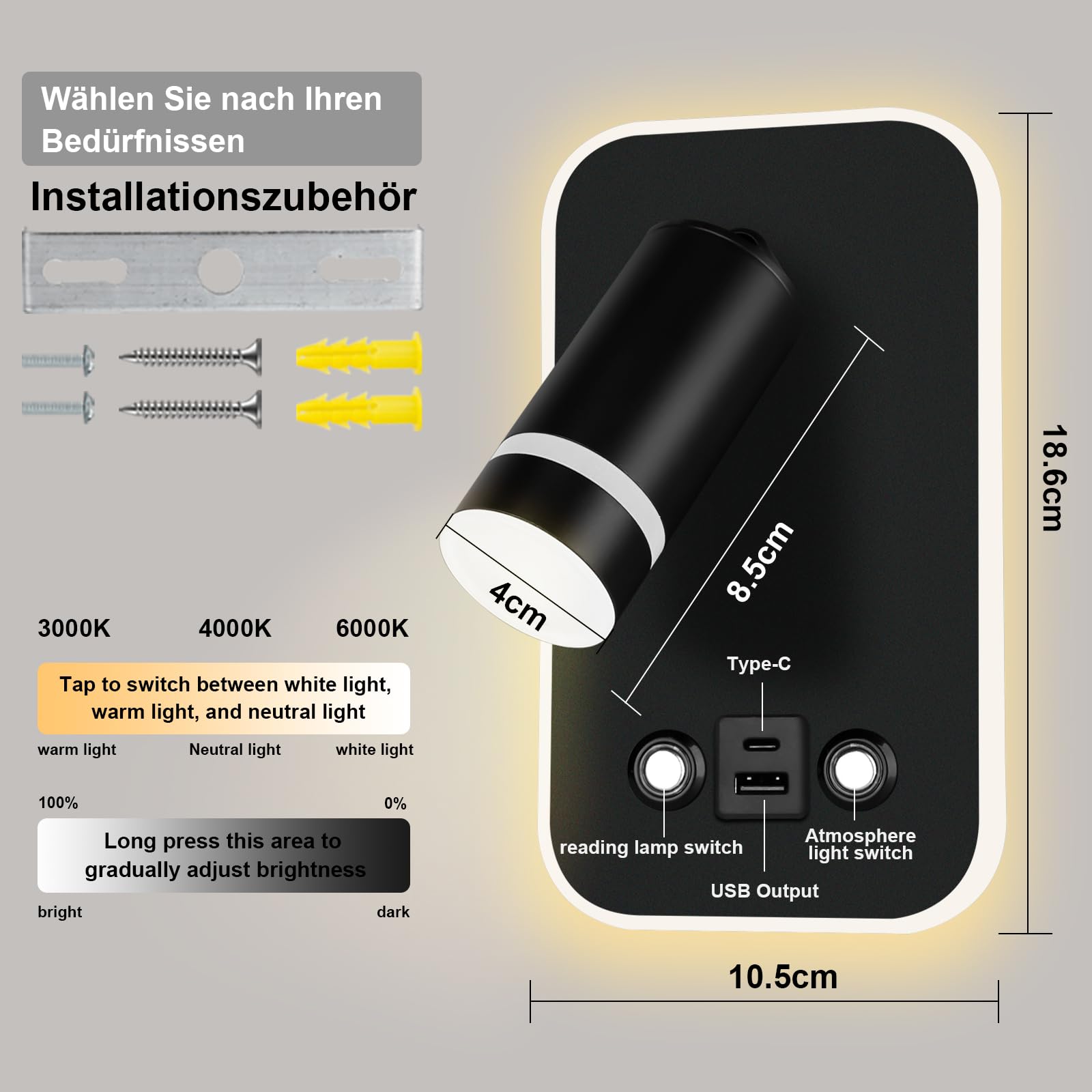 HUIZHOU Lampada LED da Parete 12W con Controllo Touch, 3 Modalità di Luce, Porta USB Integrata, Rotazione 350°, Lampada da Lettura Moderna per Camera da Letto, Comodino e Soggiorno (Rettangolo nero)