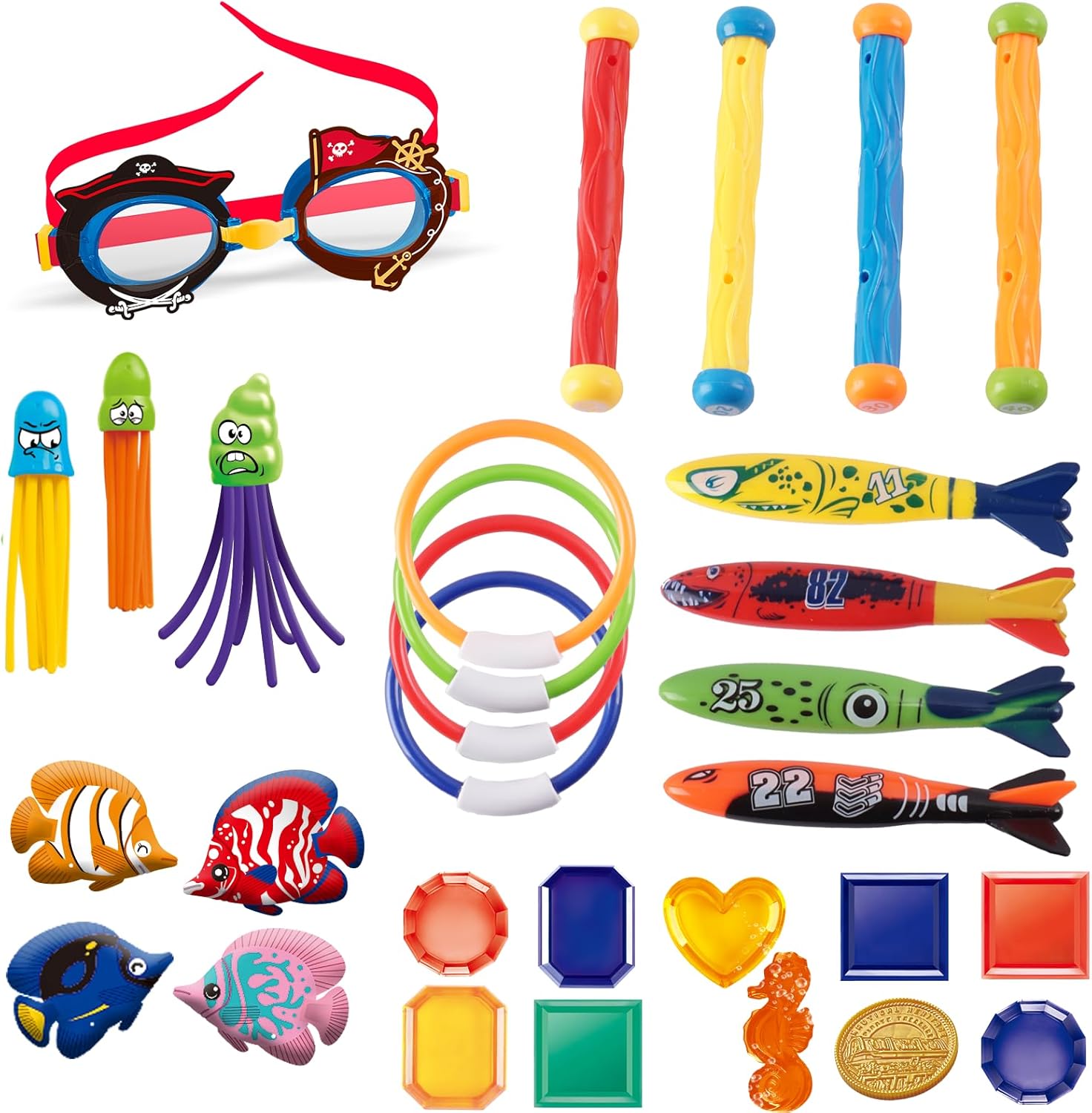 LITTLE FROGGY Kid’s Diving Set with 30 Pcs Diving Toy Kit Perfect for Pool, Beach, Water Parks, for Swimming Training & Water Games for Boys Aged 3-12 (Pirate)