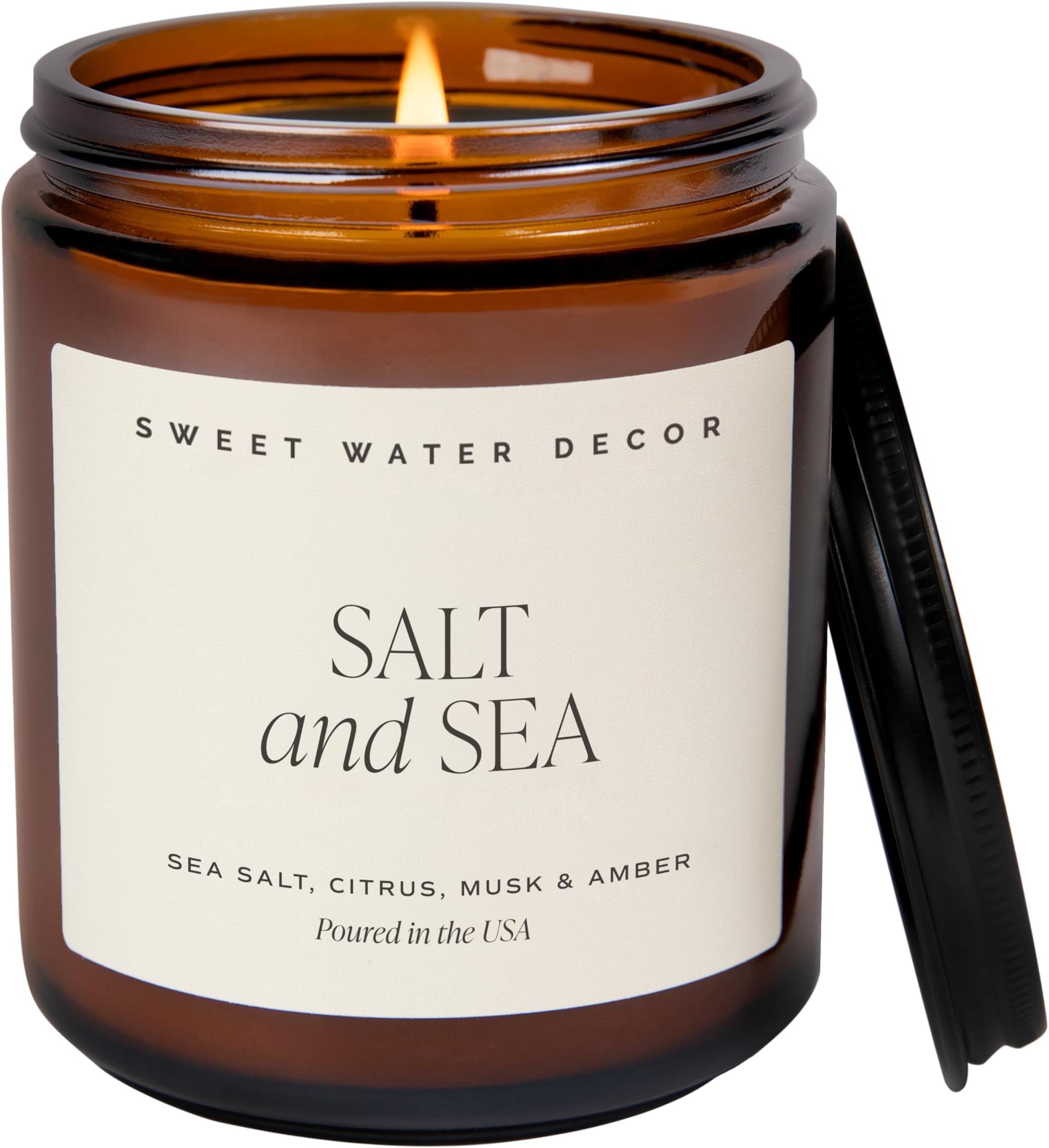 Salt and Sea Soy Candle - Sea Salt, Citrus, Musk, and Amber Scented Beach Candle for Home - 9oz Amber Jar + Black Lid, 40+ Hour Burn Time, Made in the USA