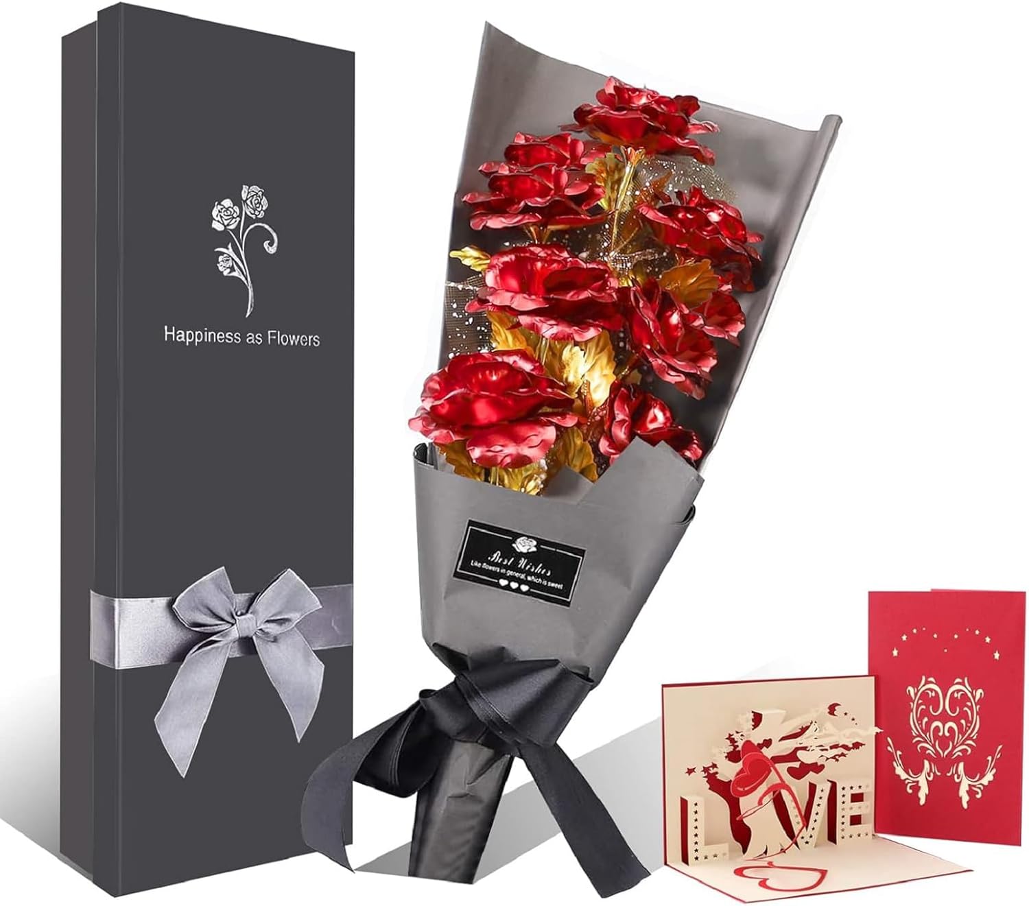 9Pcs Gold Rose Flower Bouquet, Gold Foil Artificial Rose Bouquet with Gift Box, Romantic Present for Her on Valentines Day, Mothers Day, Anniversary, Birthday, Christmas, Decoration