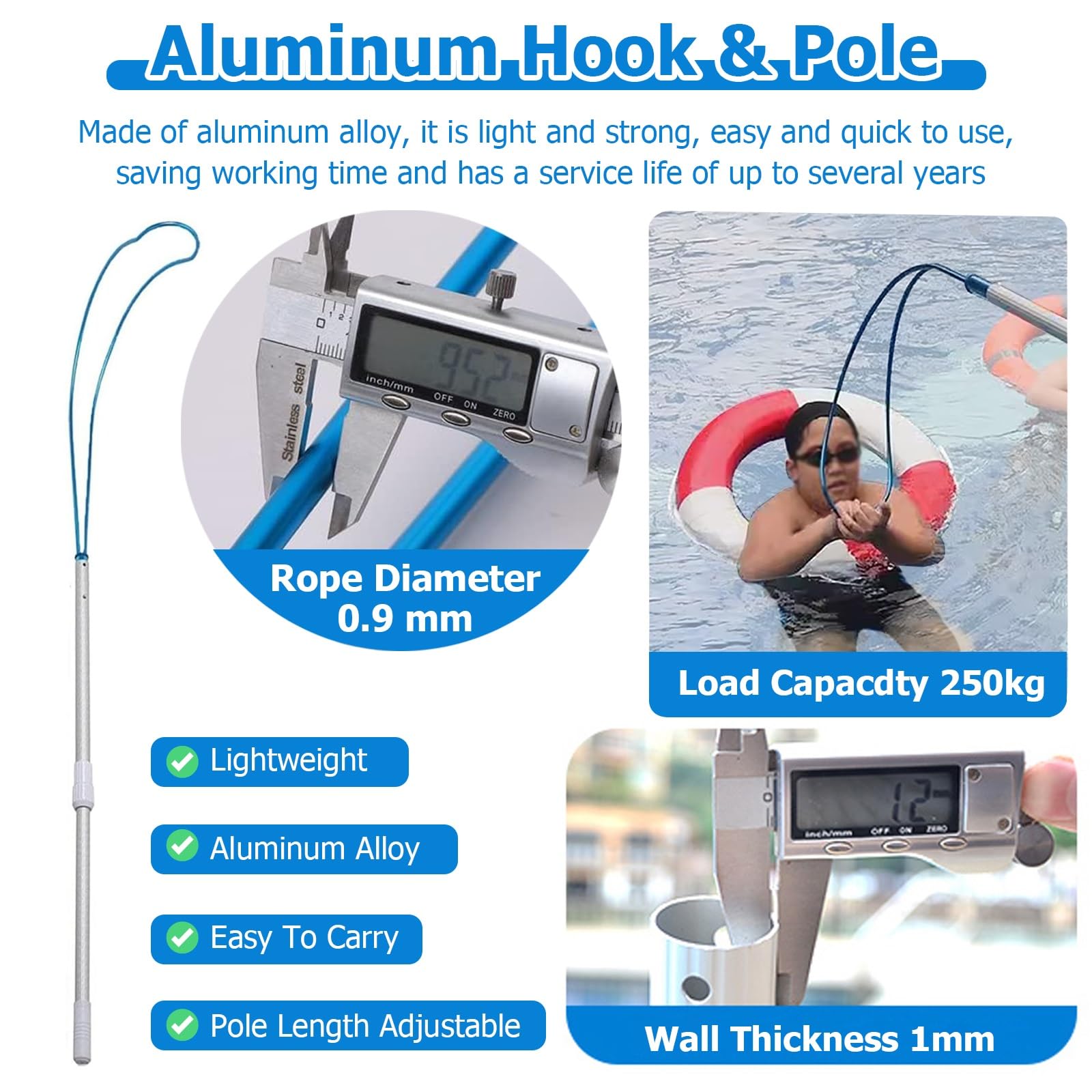 Crochet de Sécurité Secours pour Piscine Perche Télescopique En Aluminium Pour Piscine, Perche De Sauvetage Bleue 3 M, 5 M, 7 M, Extérieur/Intérieur Crochets De Sécurité Pour Sauvetage En Cas De Noyad