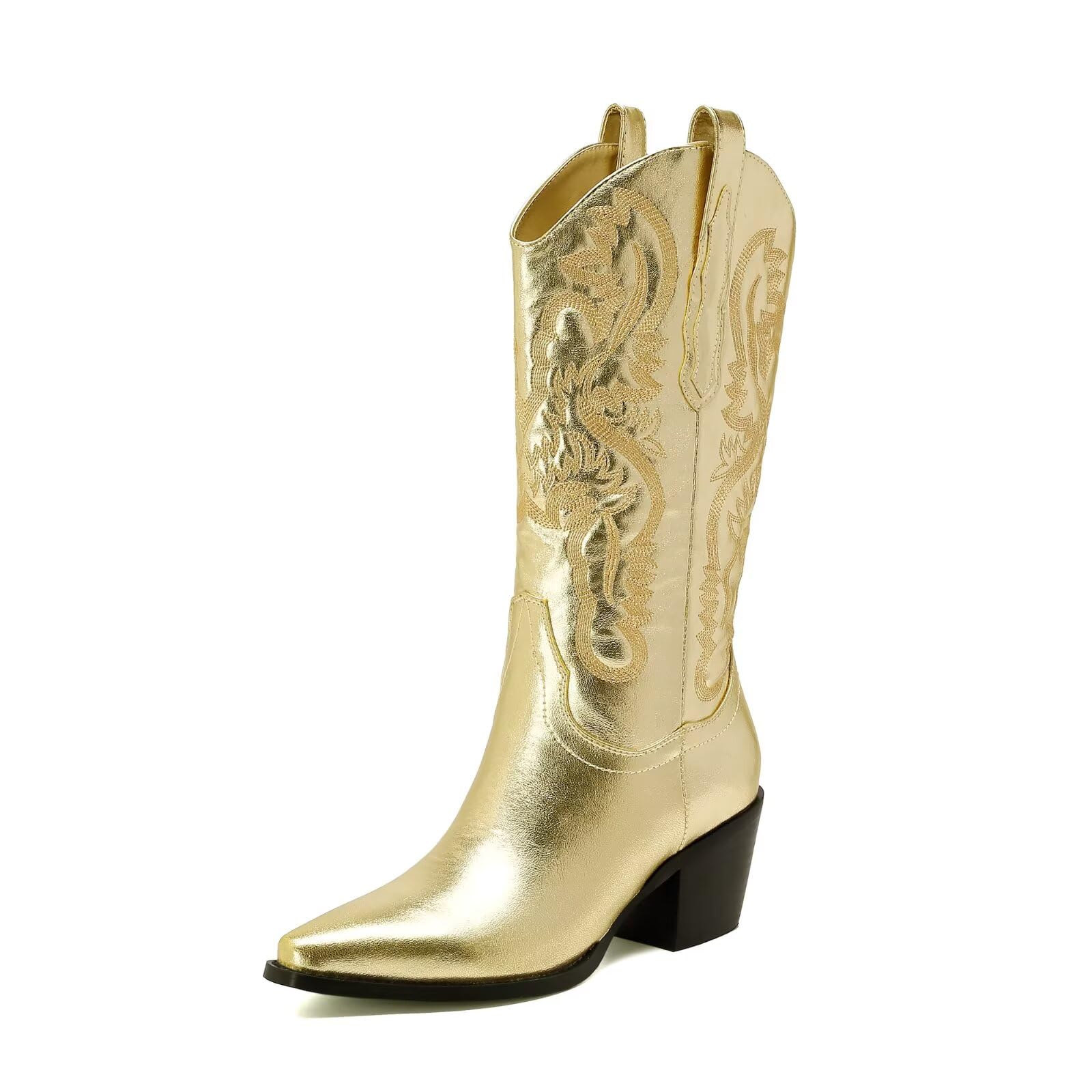 CIERWS Womens Embroidered Western Cowboy Boots Cowgirl Boots Knee High Medium Heel Chunky Heel Classic Retro Boots
