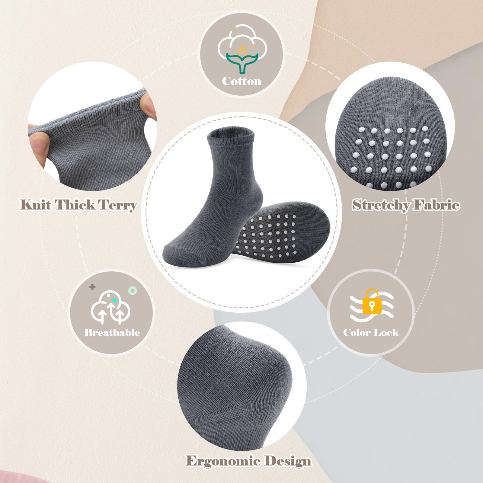 JAKIDAR Paquete de 12 calcetines de bebé para niños pequeños, de algodón antideslizante, calcetines tripulados para niños, niñas, bebés y niños, marrón, azul índigo, Haze Caqui, gris, 12-24 meses