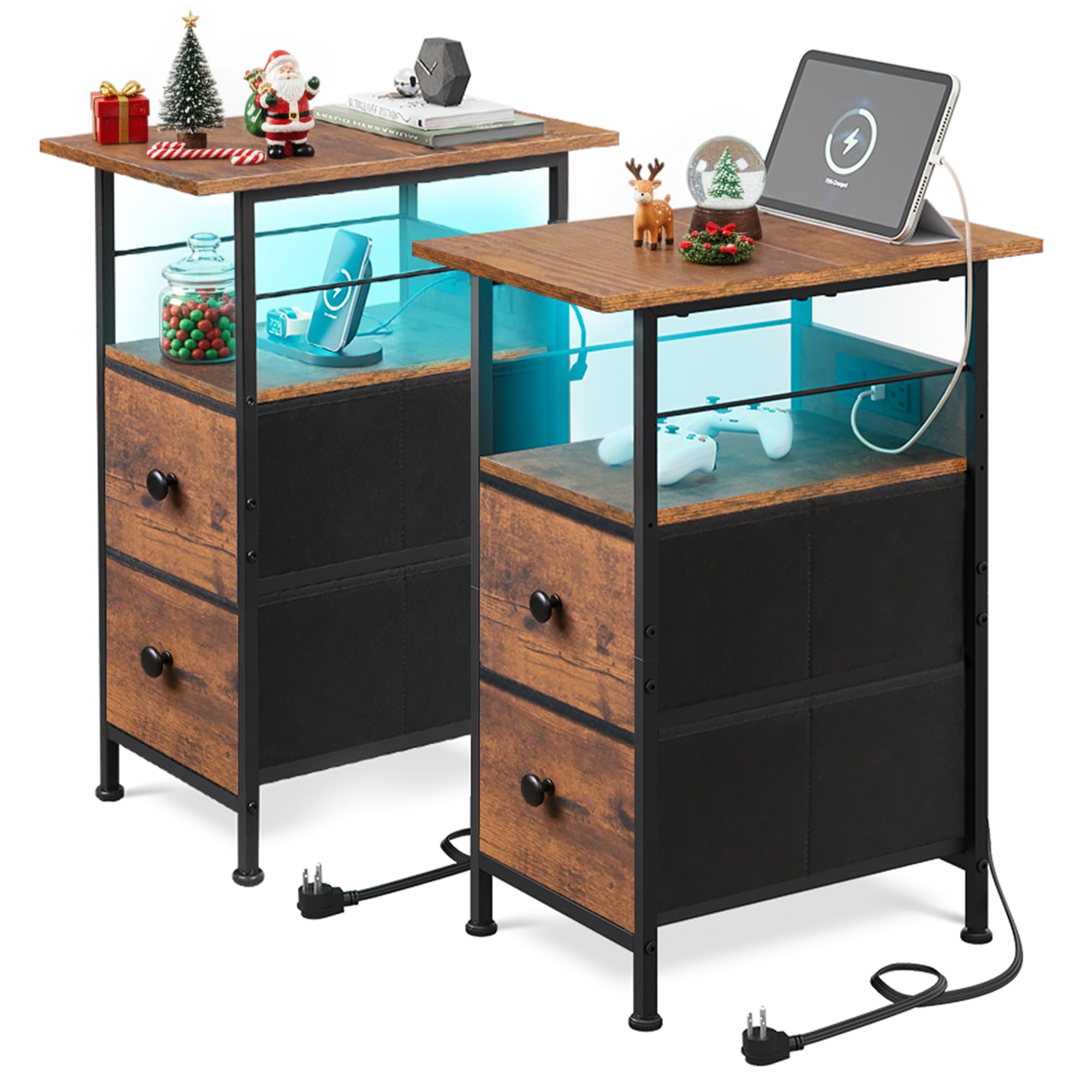 WLIVE Nightstand Set of 2 with Charging Station, End Table Sets with LED Lights, 2 Fabric Drawers and Open Shelf, Bed Side Tables Living Room, Small