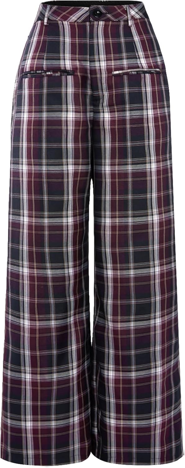 WDIRARA Women's Plaid Wide Leg Pants Casual High Waist Long Pants Trousers