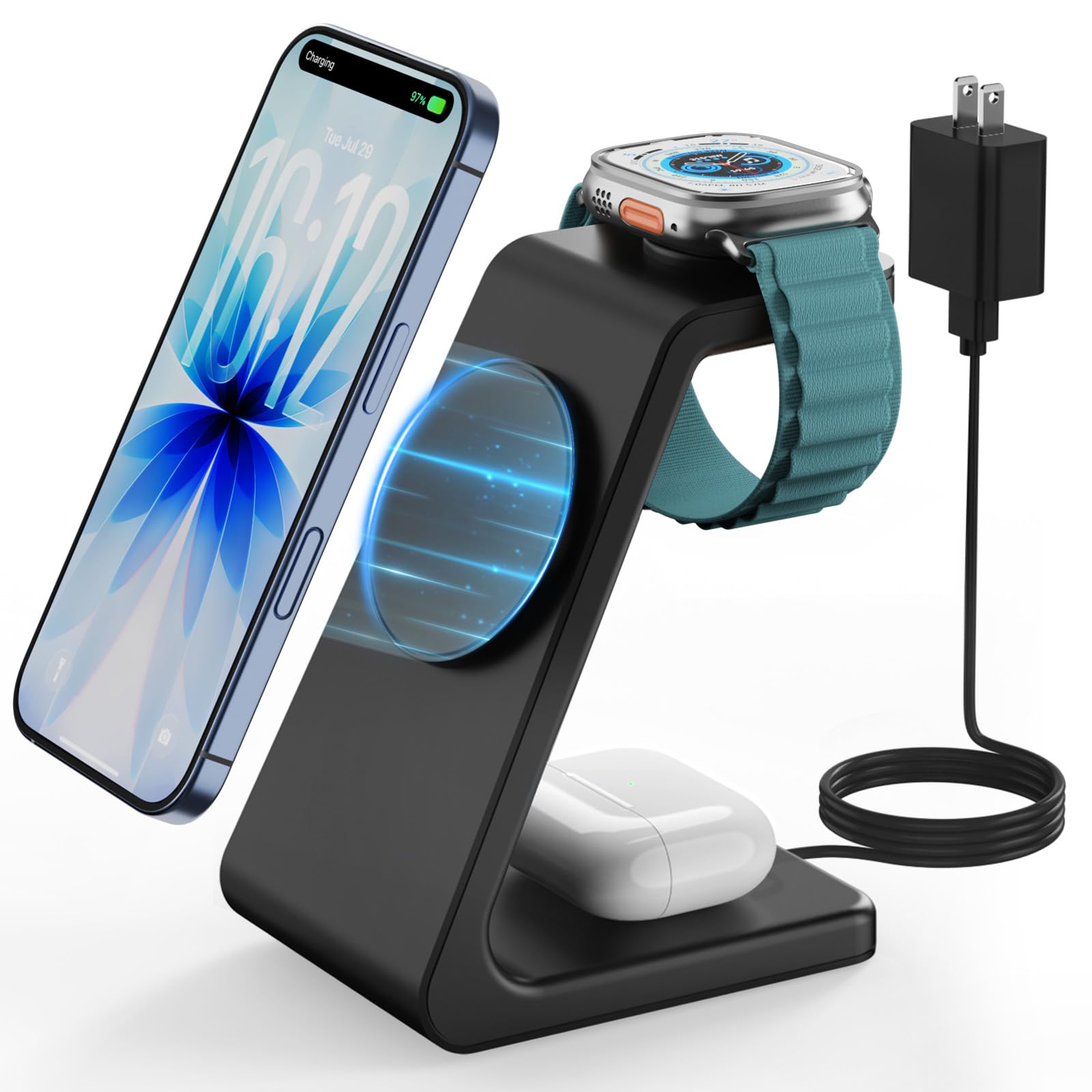 GEEKERA Station de charge sans fil 3 en 1 compatible avec MagSafe, certifié Qi2 15 W, chargeur magnétique sans fil rapide, pour iPhone 16/15/14/13/12, Apple Watch, AirPods 4/3/Pro