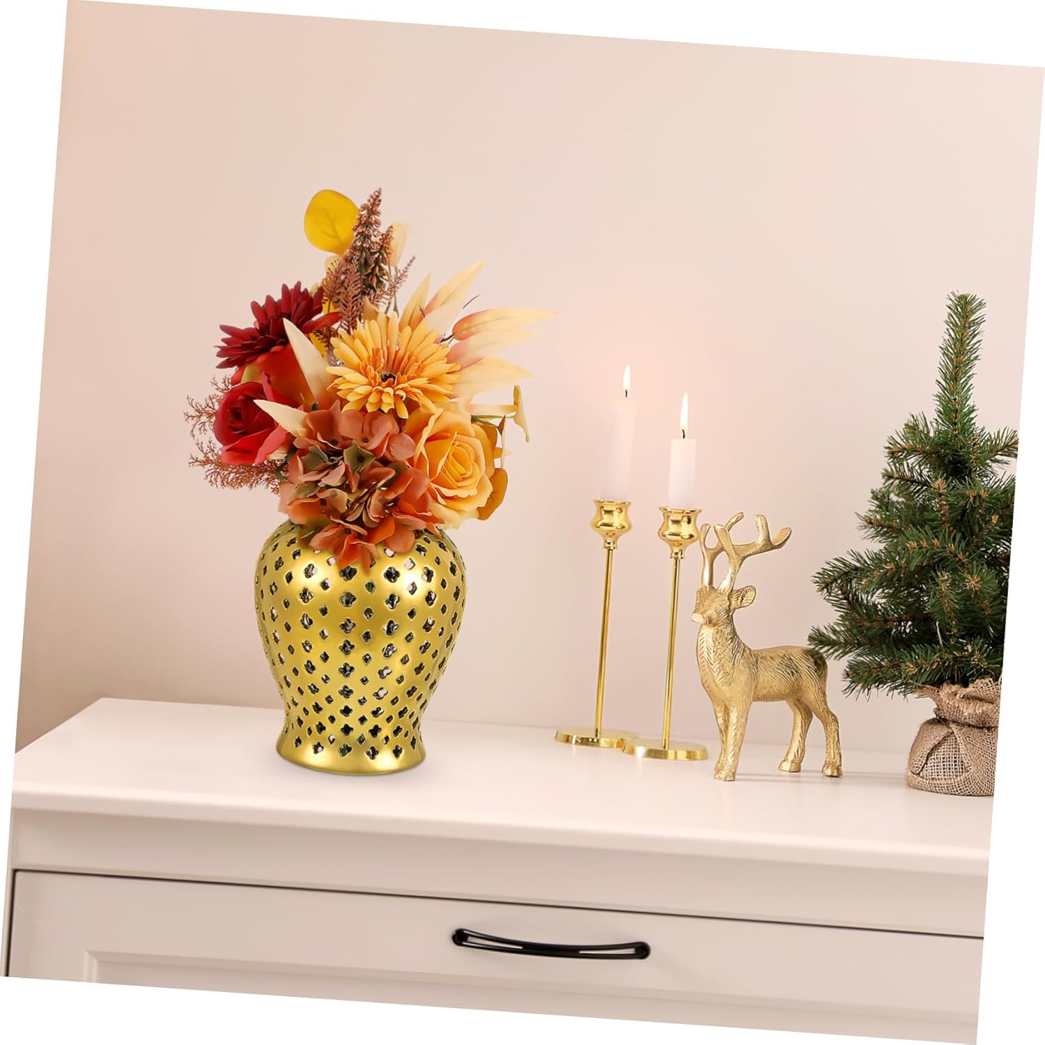 Ciieeo Hollow Ceramic Ginger Jar Decorative Flower Vase Multi Functional Tabletop Holder for Home Garden Wedding Party Storage and Planting