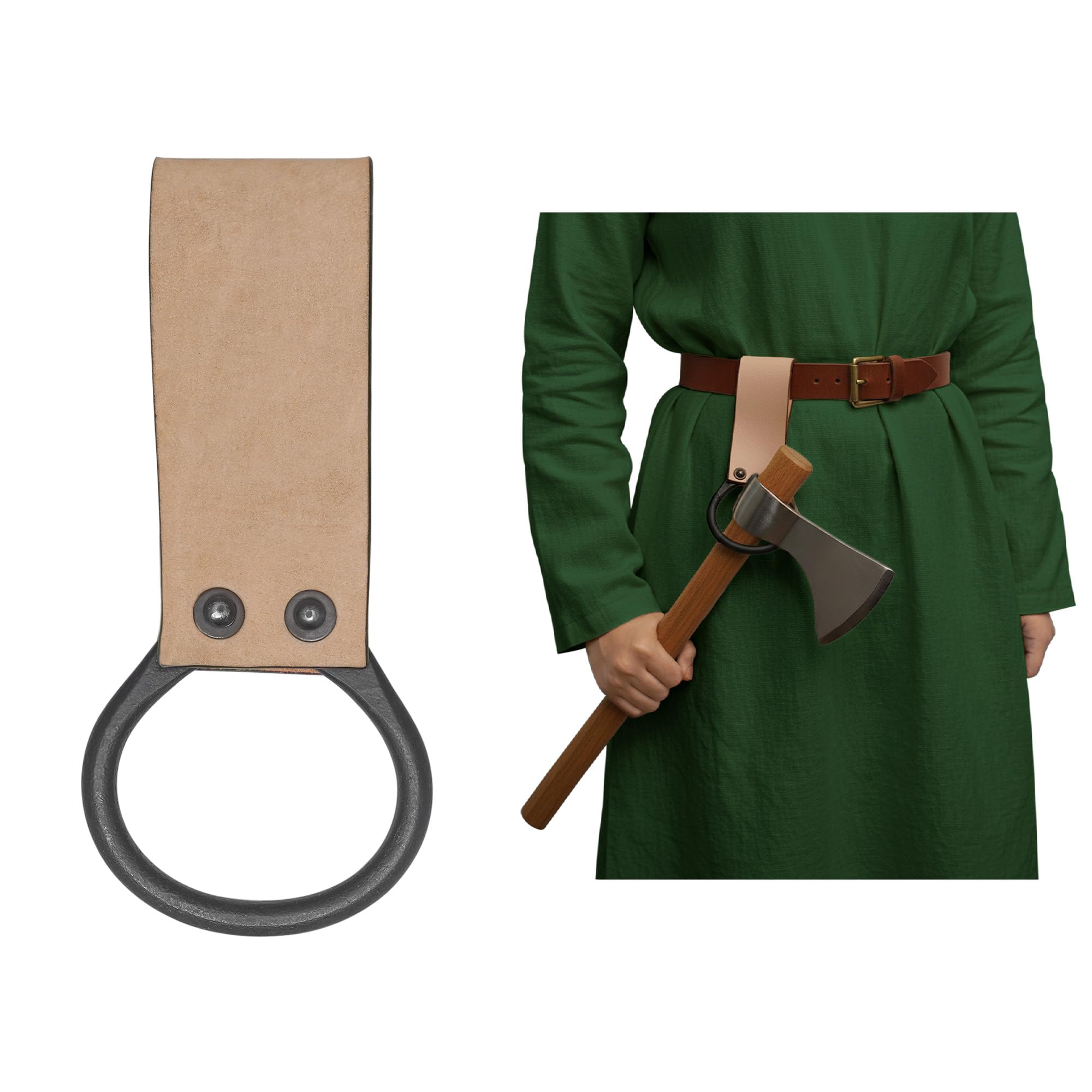 Lord of Battles Medieval Genuine Leather Axe Frog | Axe Holster with Belt Loop | Waist Holder for Axes, Tools (Natural)