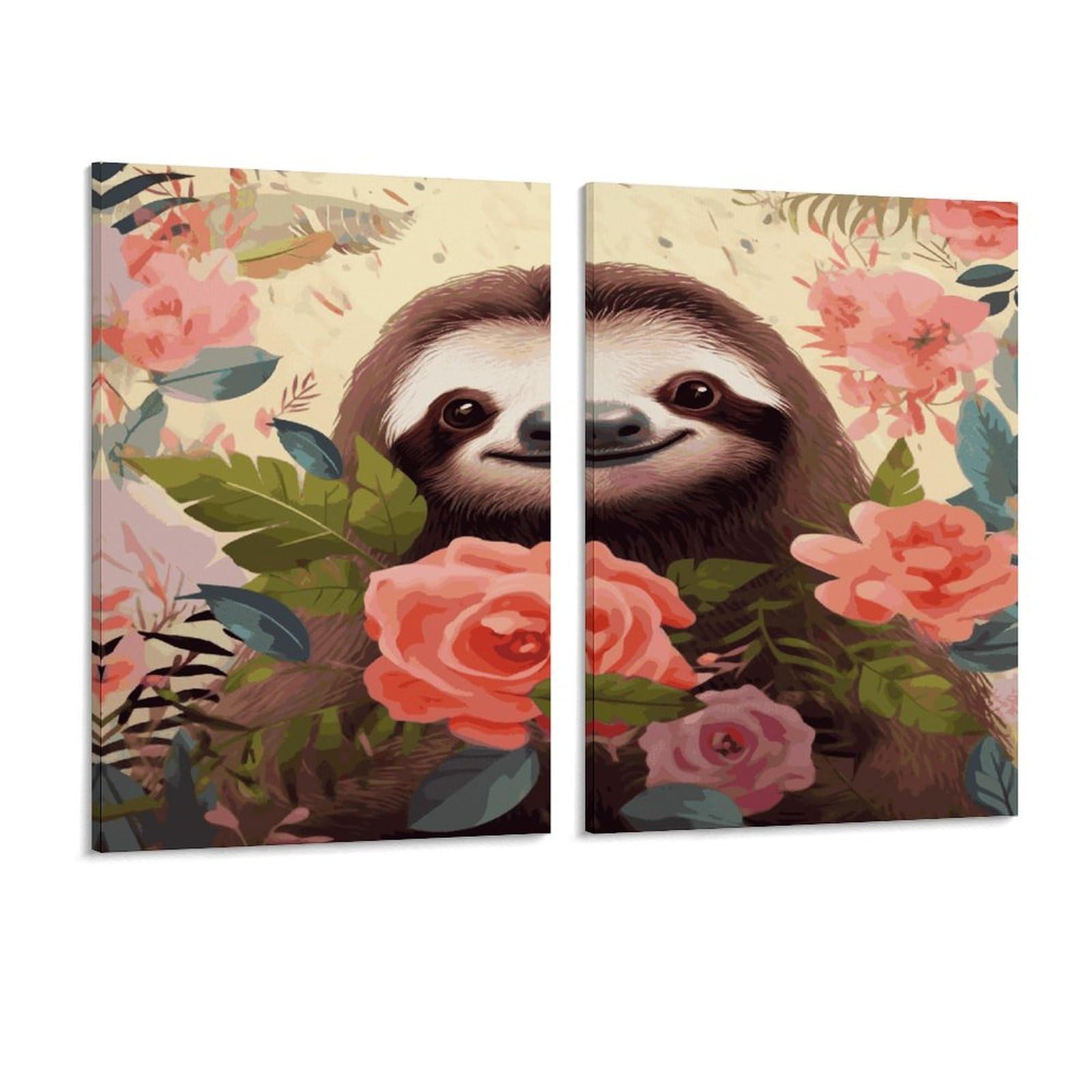 Adfgyerh Style Sloth And Flowers Wall Art，Canvas Material Bright /Wall Decor Of 2, Each 16X12 Inch -Wall Art Set For Living Room Bedroom Gallery Office Home Décor