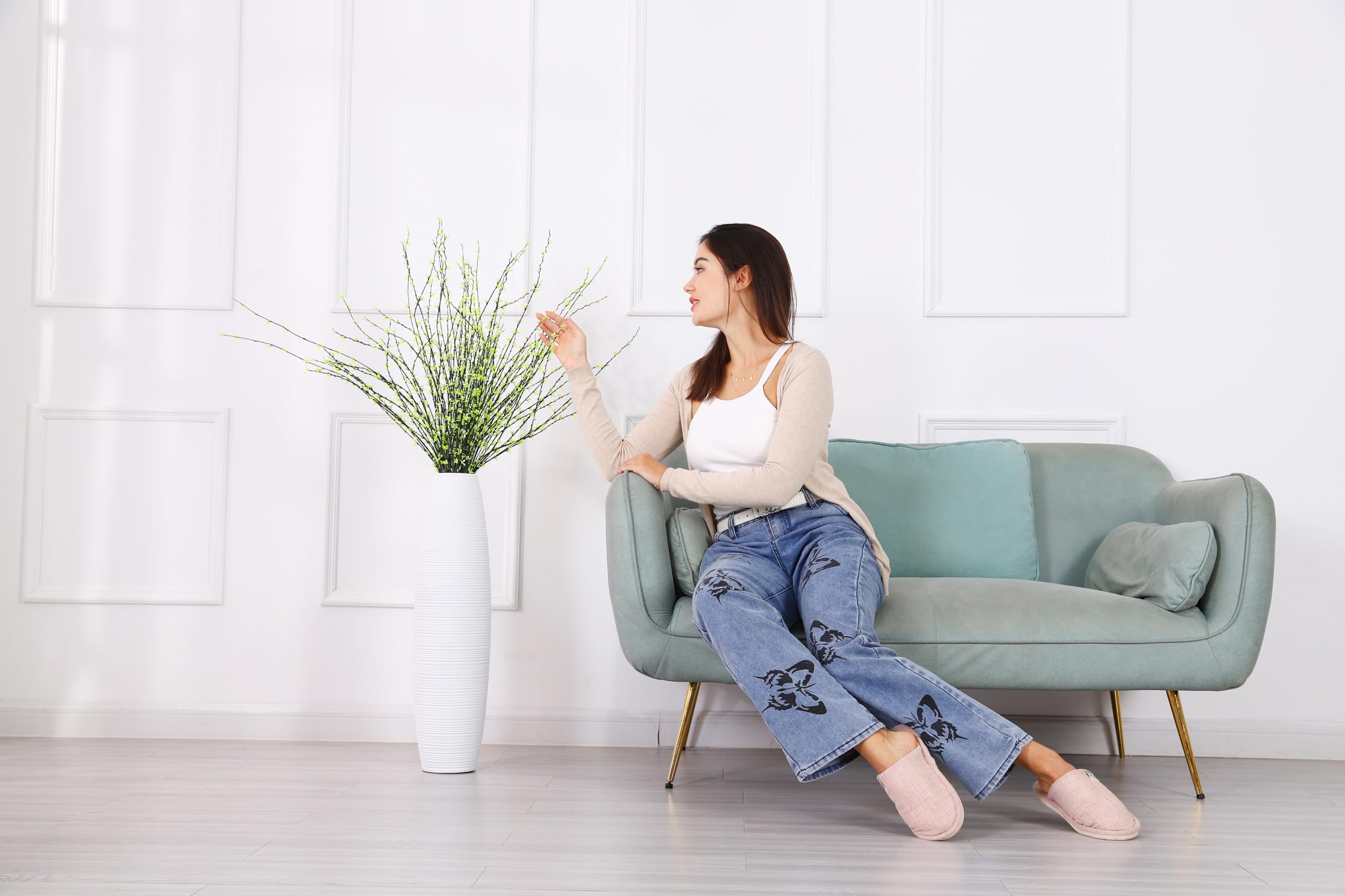 Leewadee Jarrones Decorativos Grandes - Floreros Altos Modernos para Flores O Pampas, 65 cm, Blanco, Resina