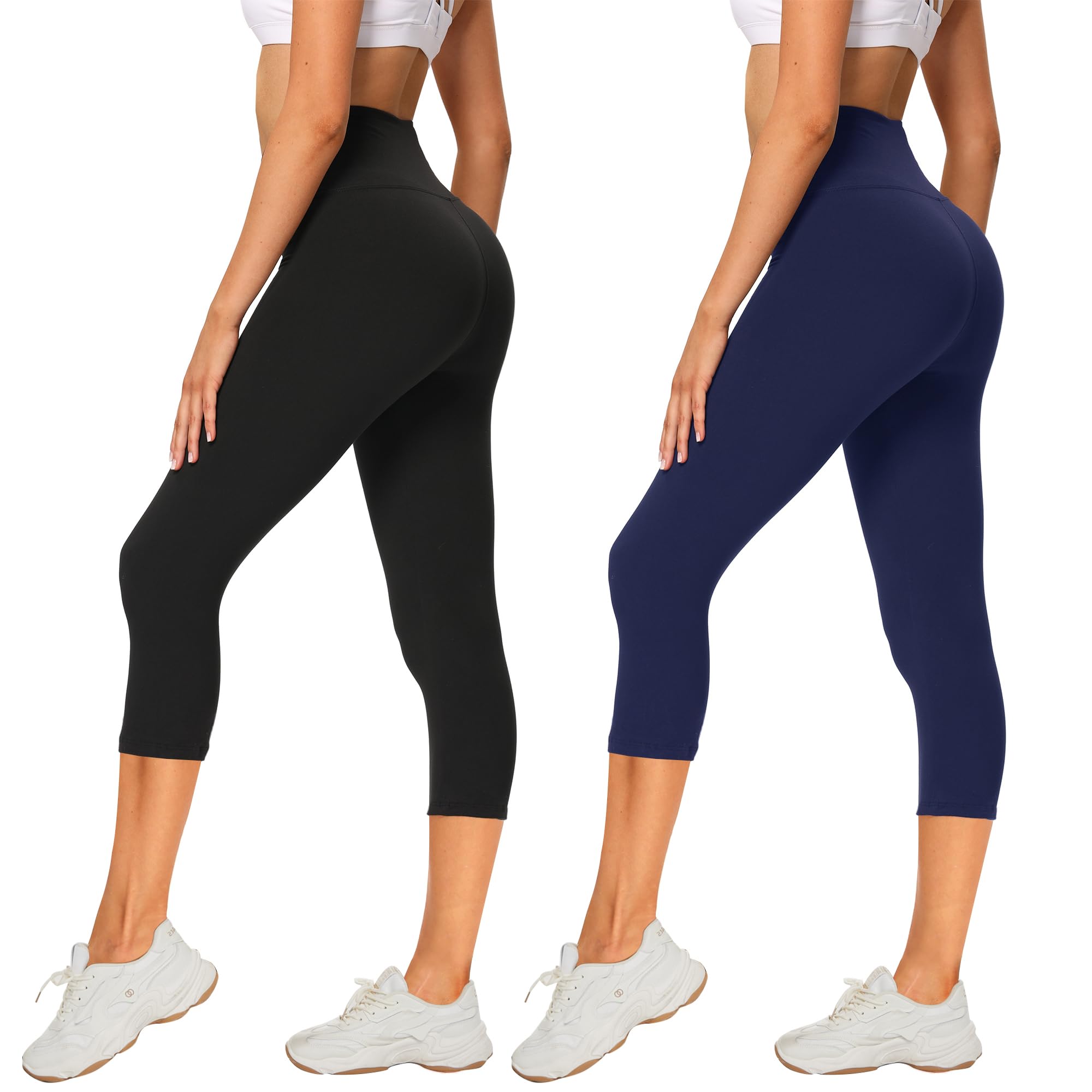 AMIYOYO 2er Pack Leggings Damen 3/4 High Waist Capri Leggins Blickdicht Kurze Sporthose Elastische Bauchweg Hosen für Yoga Fitness Outdoor Freizeit