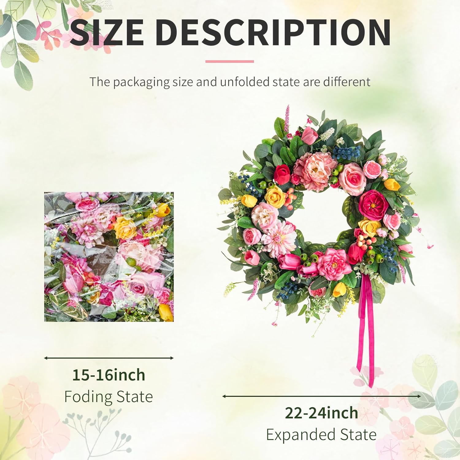 24 Inch Spring Wreaths for Front Door, Summer Wreath with Luxury Dahlias, Peony, Tulips & Roses Floral Wreaths with Greenery Farmhouse Seasonal Spring Door Wreath for Indoor Outdoor Home Decor