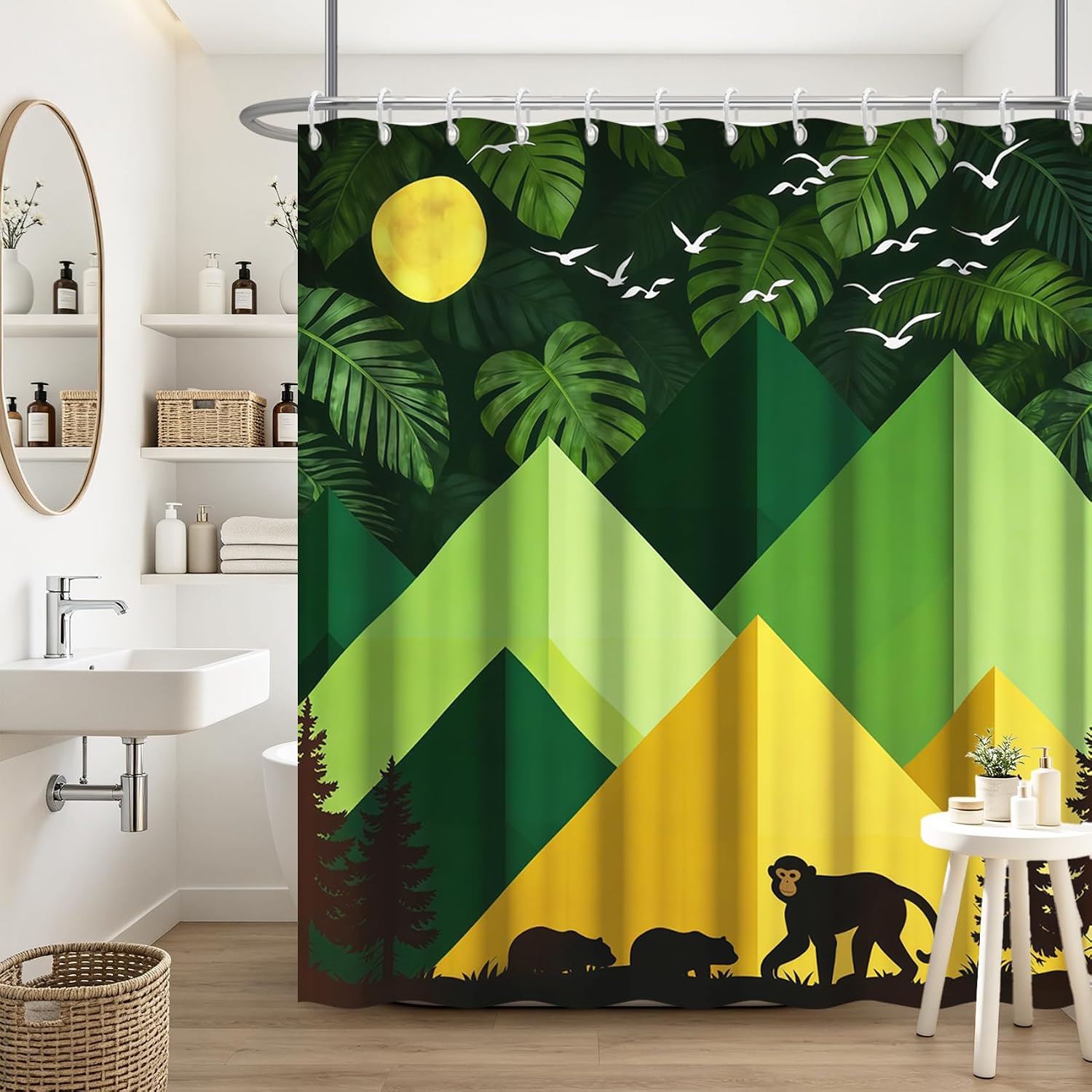 Modern Tropical Jungle Animal Shower Curtain Geometric Mountain Monkey Silhouette Bathroom Palm Tree Moon Shower Curtain Sets with Hooks, Waterproof Fabric, 72" x 72"