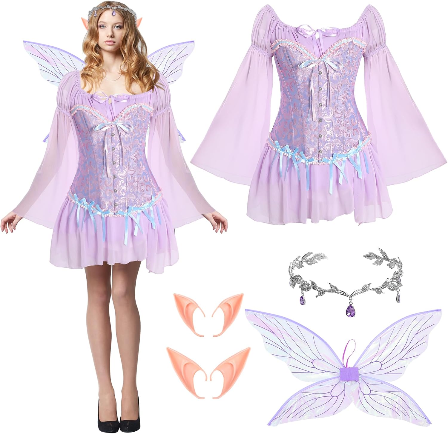 Foaincore 6 Pcs Women Fairy Costumes Set Off Shoulder Short Dress Floral Corset Rhinestone Tiara Elf Ears Wings