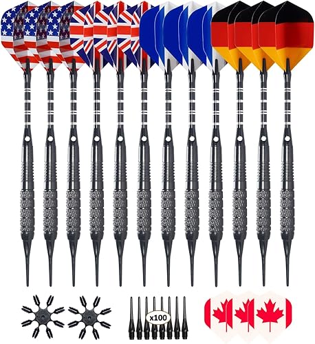 Paquete de 12 dardos de punta suave  Dardos de punta de plástico de 0.63 oz con 100 puntas de dardos adicionales, 15 vuelos, protector de vuelo de