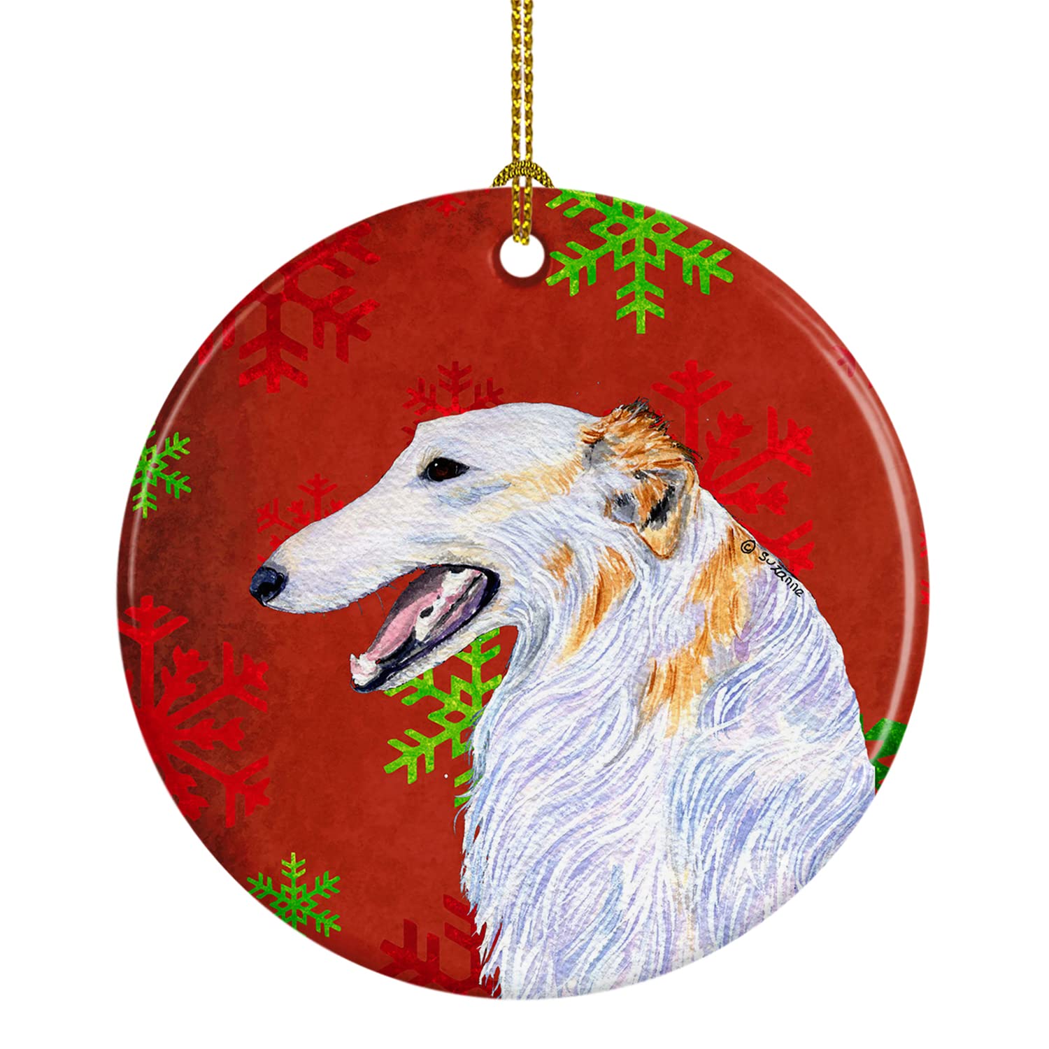 Caroline's Treasures Borzoi Red and Green Snowflakes Holiday Christmas Ceramic Ornament Christmas Tree Hanging Decorations for Home Christmas Holiday, Party, Gift, 3 in, Multicolor