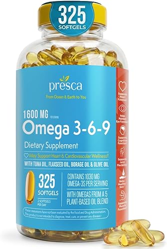 Suplemento dietético Omega 3-6-9 (325 ct.) - Promueve la función visual y la salud ocular - Apoya el corazón, la salud cardiovascular, la piel sana,