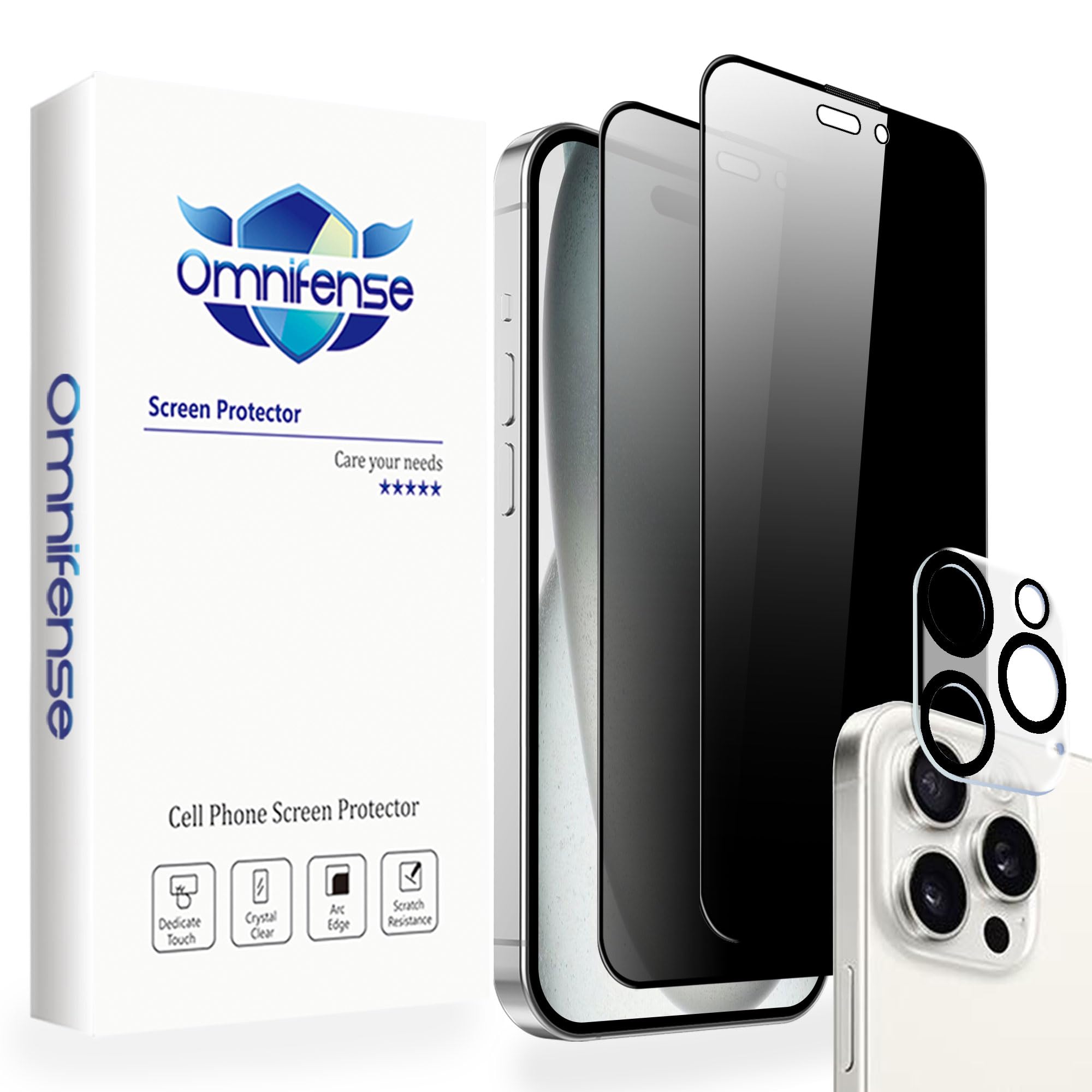 4 Way 360° Privacy Glass Screen Protector for iPhone 15 Pro [2 Pack] + Camera lens Protector [1 Pack], Horizontal and Vertical Anti Spy Tempered Glass Screen Film for Apple 15 Pro [6.1”]