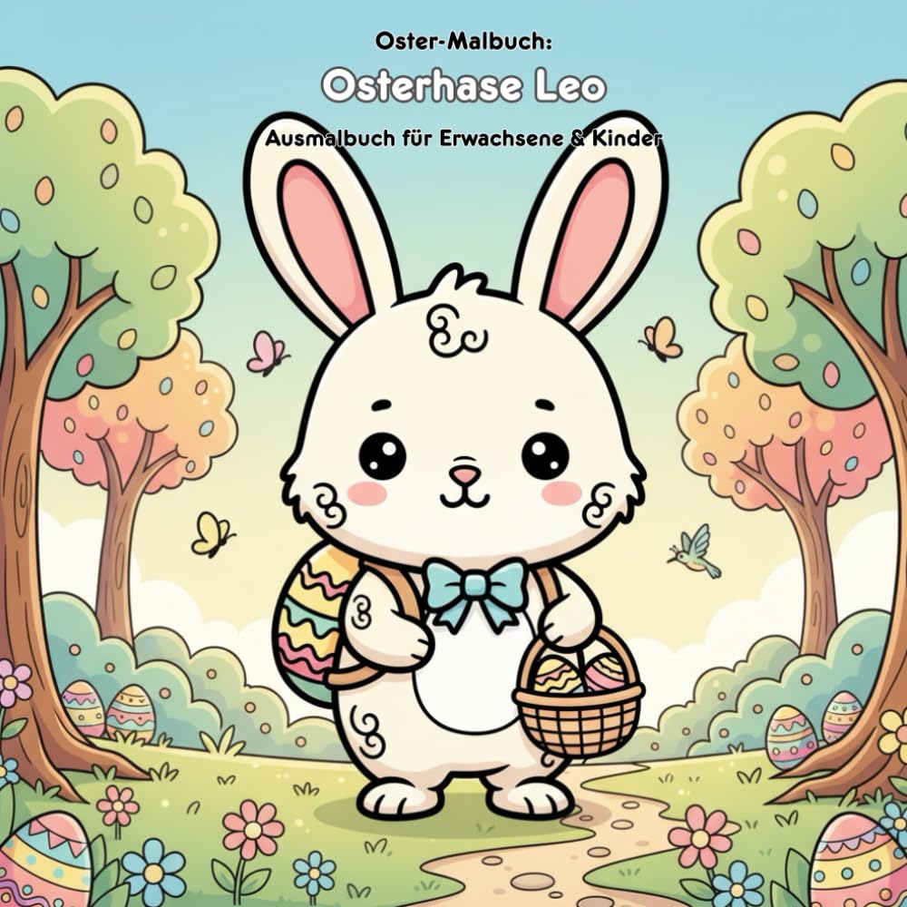 Osterhase Leo: Ein Malbuch mit Geschichte: Für Erwachsene & Kinder: 36 Ausmalbilder mit Leo im Osterfrühlingswald. Großformat 21.59 x 21.59 cm – Malspaß für kleine Hände.