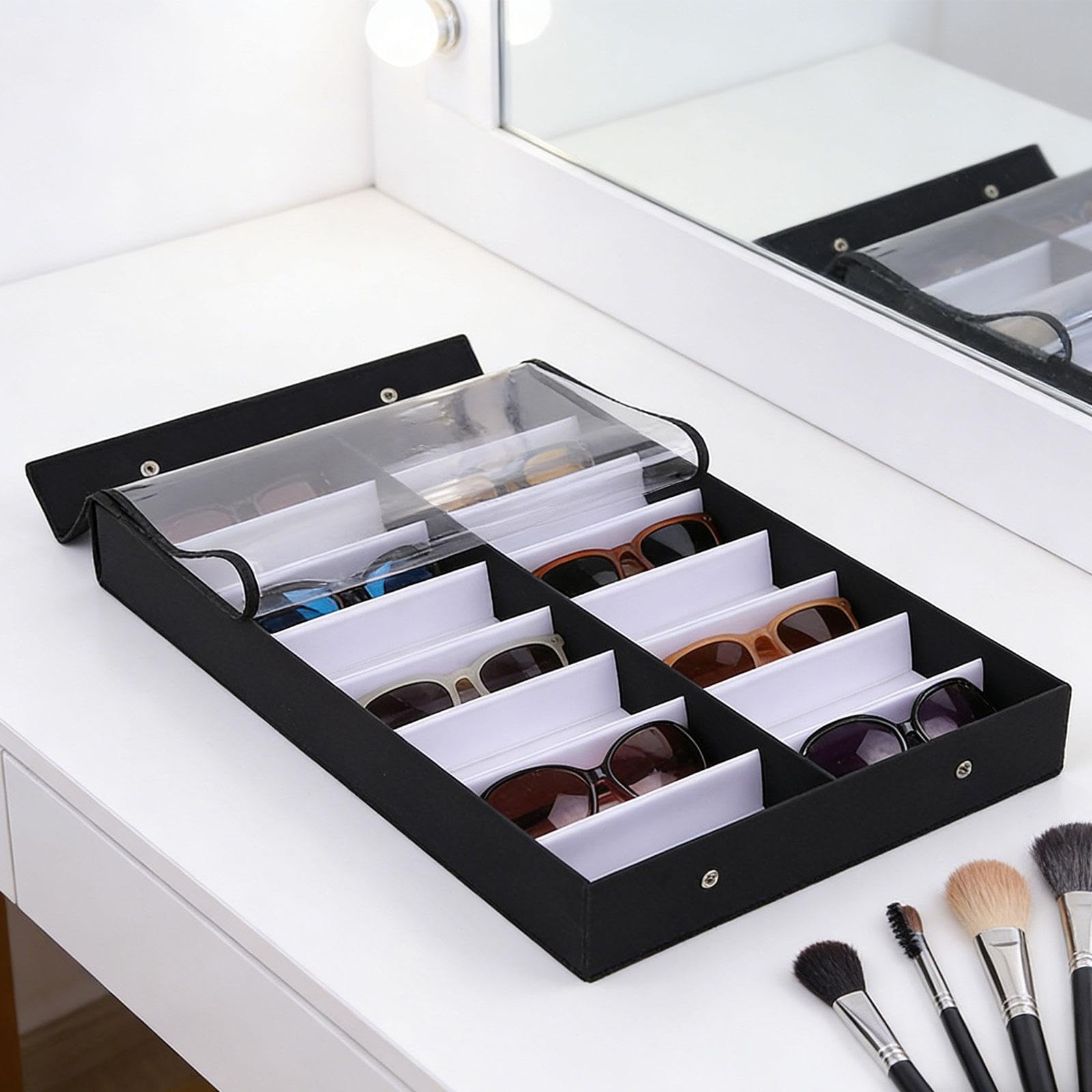 Bandeja para Gafas Caja para Gafas Organizador de Accesorios Bandeja de Joyería Soporte para Gafas con Tejido Suave Adecuada para Almacenamiento de Ga, Tapa Clara, universal