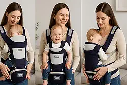 Canguru ergonômico ajustável 3 em 1 para bebê com assento acolchoado respirável suporte lombar alças largas bolsos laterais uso recém-nascido até 36 meses