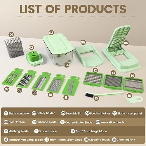 Miniatura 3 de Picador de verduras con 8 cuchillas - Picador de cebolla 16 en 1 con contenedor, espiralizador de verduras de cocina, artículos esenciales para el