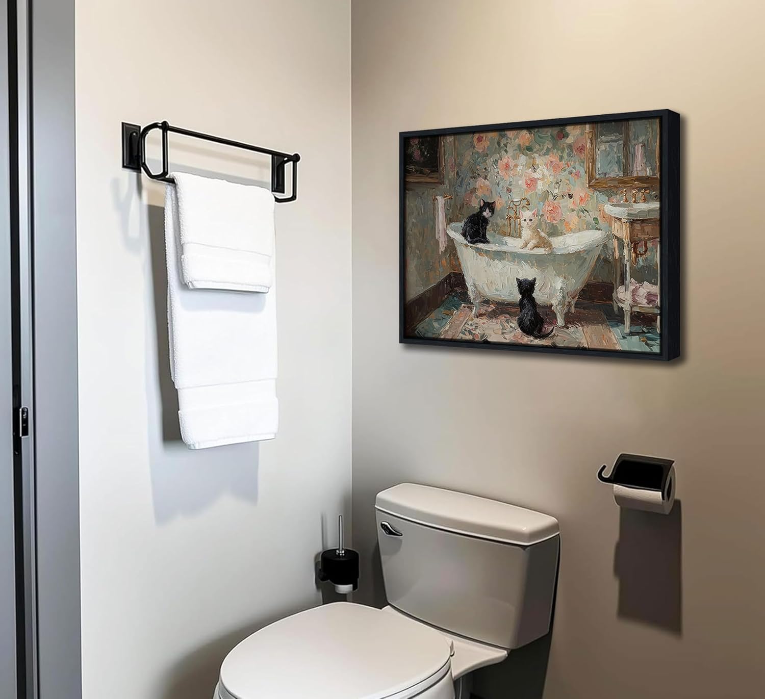 Framed Funny Bathroom Cat Canvas Wall Art Vintage Bathtub Cat Poster Prints Cute Animal Painting Picture Artwork Wall Decor for Restroom Toilet Bedroom 16x24in