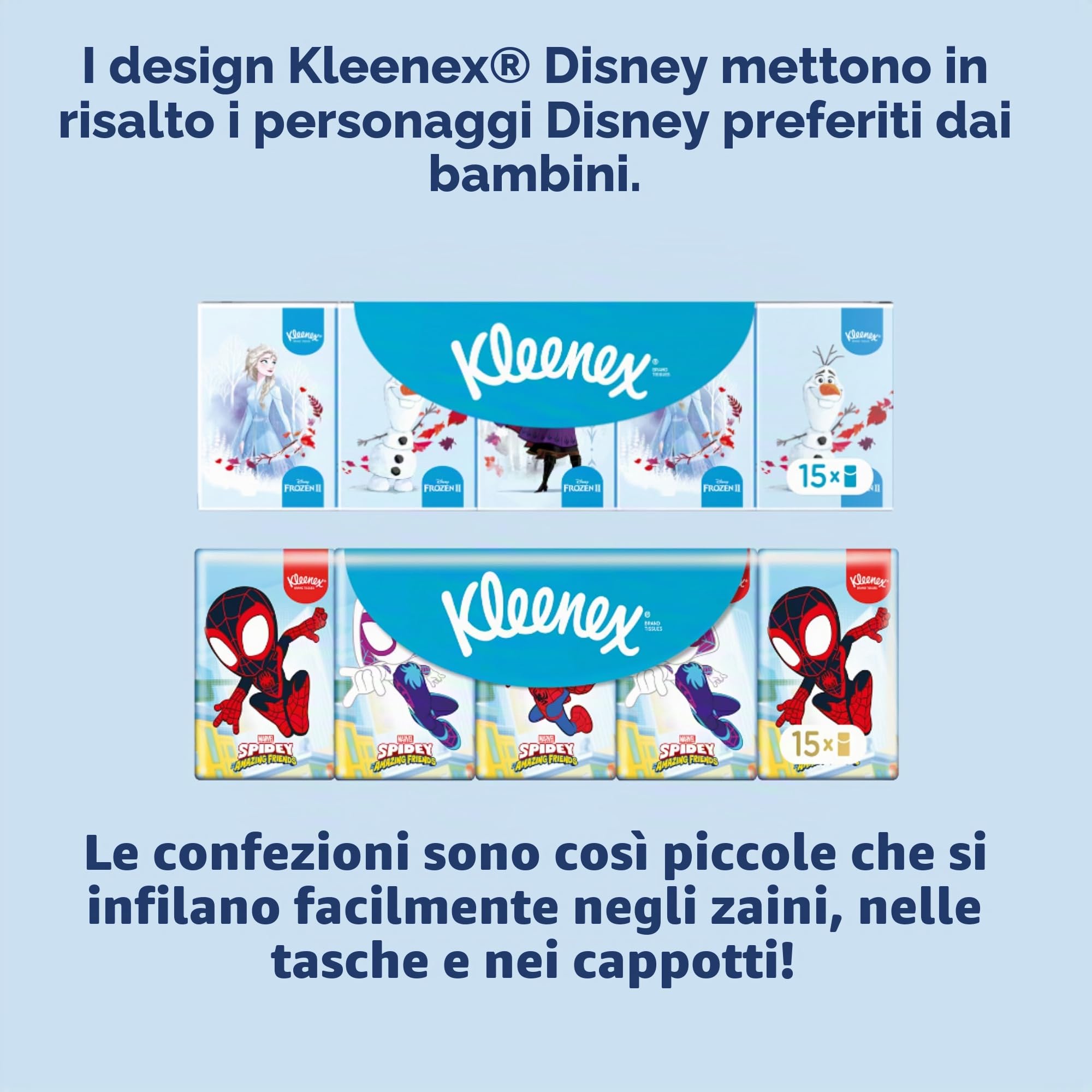 Kleenex Disney - Mini fazzoletti per bambini Marvel e Frozen Mix, 4 strati, 15 x 20 confezioni da 7 panni