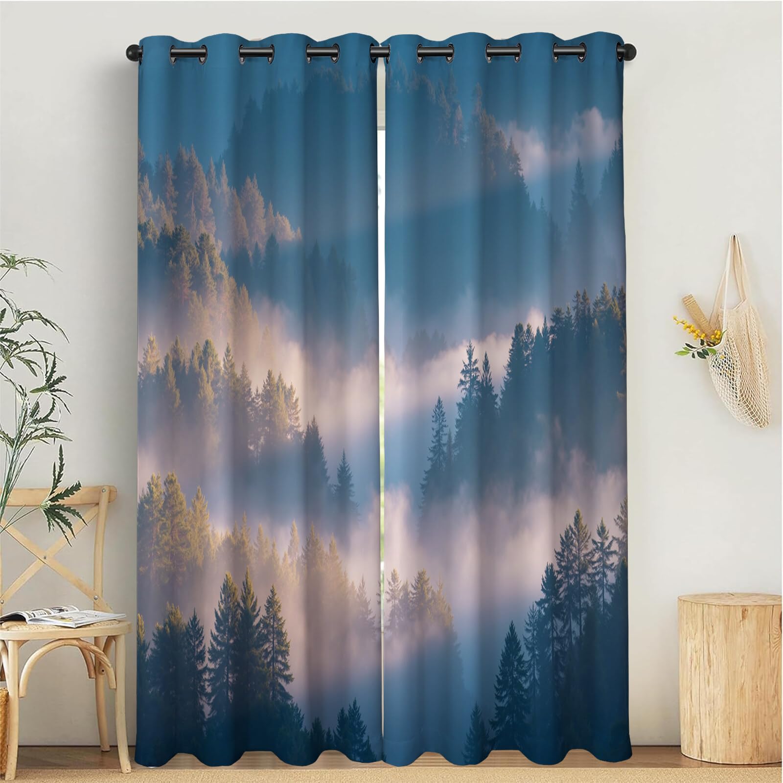 Tende Oscuranti Termiche Isolanti Con Occhielli,3D Digitale Foresta Nebbiosa Stampa Daiqing Stile Foresta Nebbiosa Tenda Isolante Camera Da Letto 140L X 280A Cm,Decorazione Di Finestr