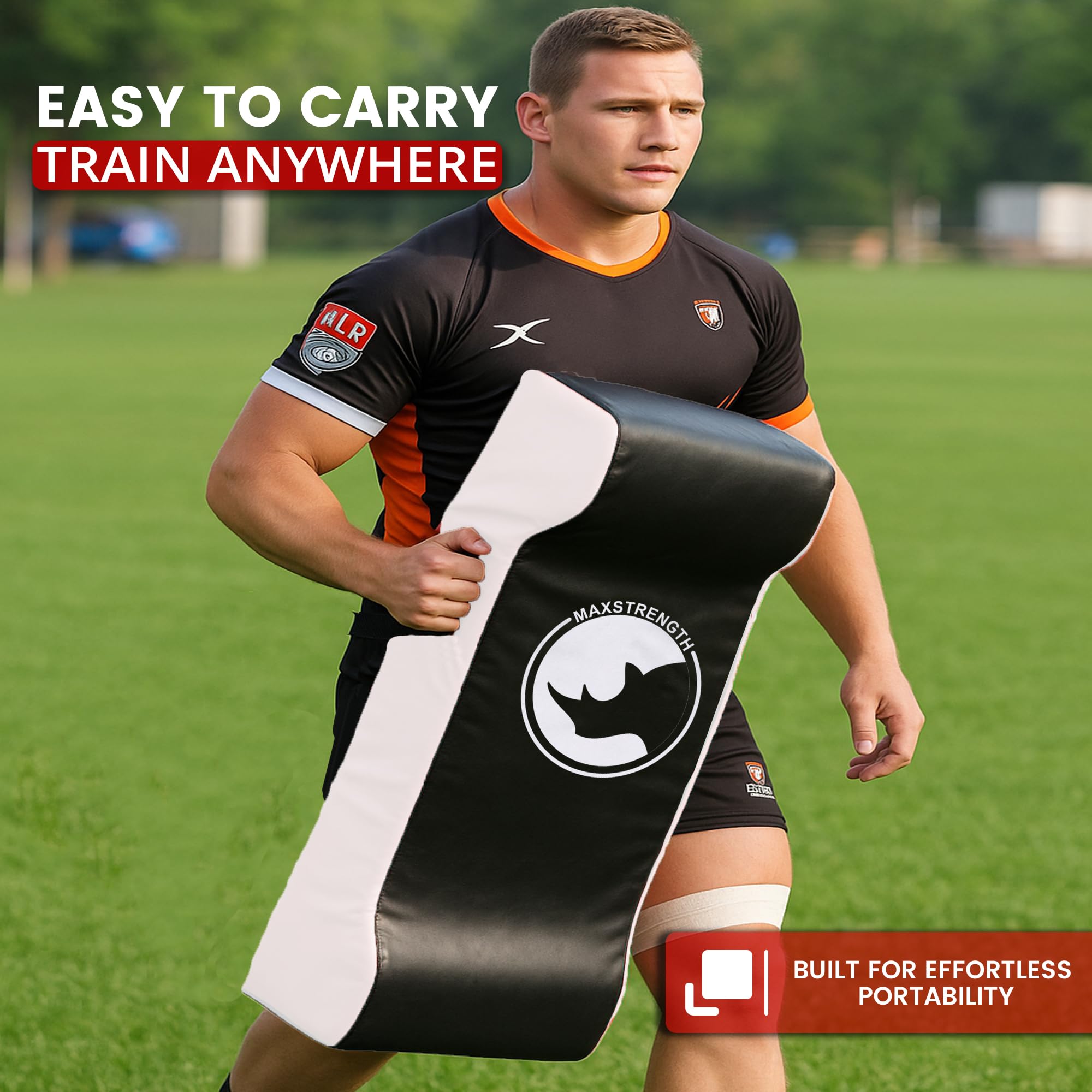 MAXSTRENGTH Double Rugby Tackle Shield - Curved Training Pad with Back Handles & Zip - Impact Resistant - Black/Red or Black/White