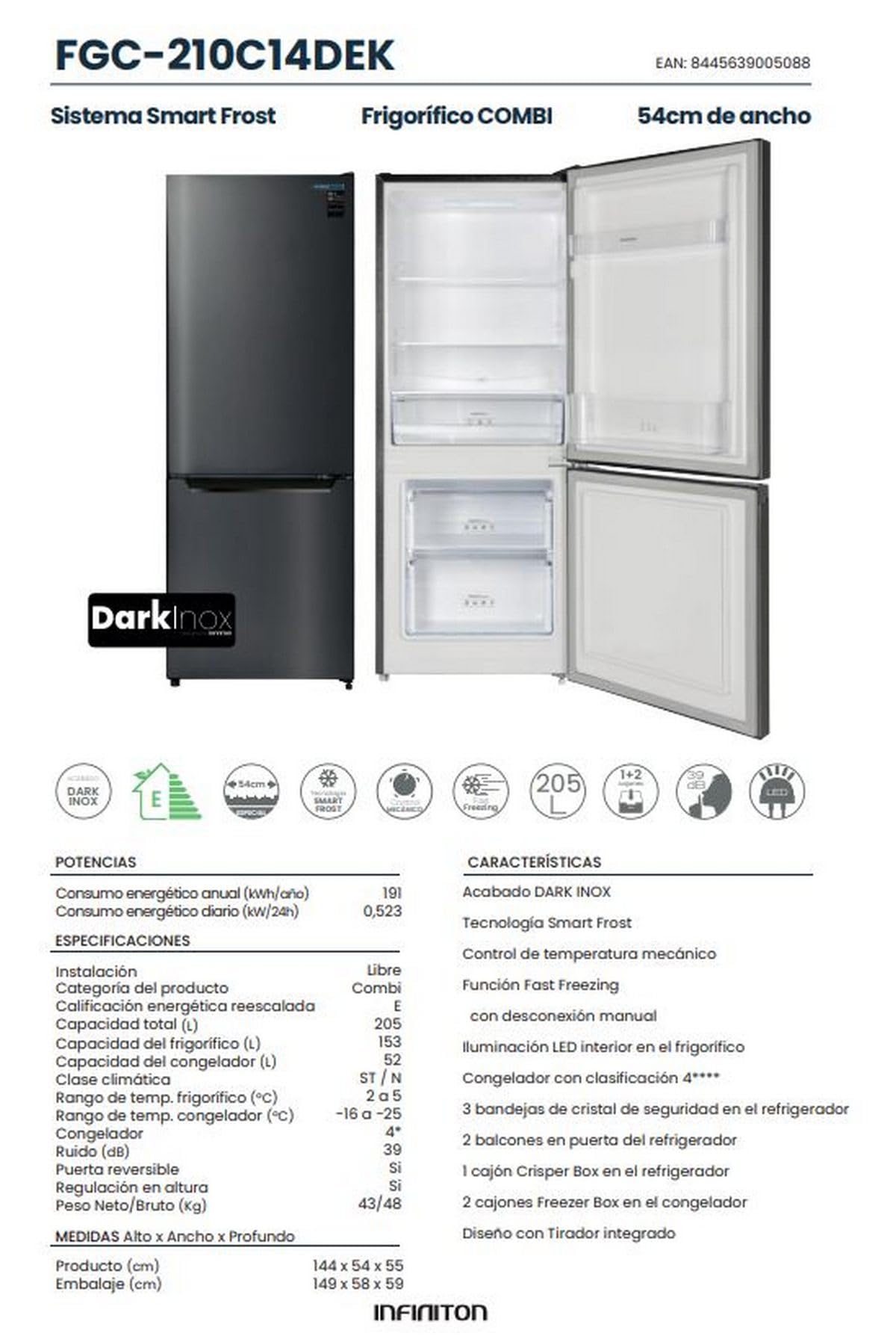 INFINITON Frigorifico Combi FGC-210C14DEK, 205 Litros, 144 cm de Altura, E, Fast Freezing, Tirador integrado, Puerta reversible, Acabado DARK INOX