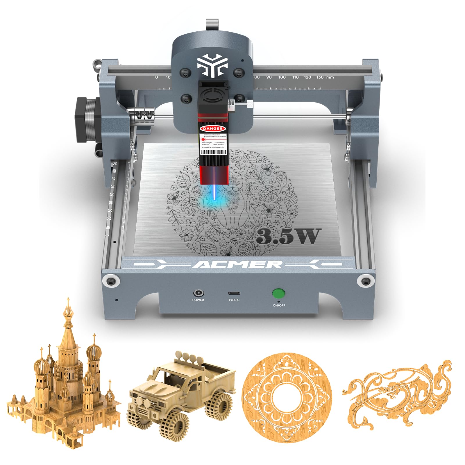 ACMERS1 Laser Engraver for Beginner Mini Laser Engraving Machine for Wood, Paper, Acrylic, 2.5W/3.5W/6W, Laser Class4 (Silver, S1 3.5W)