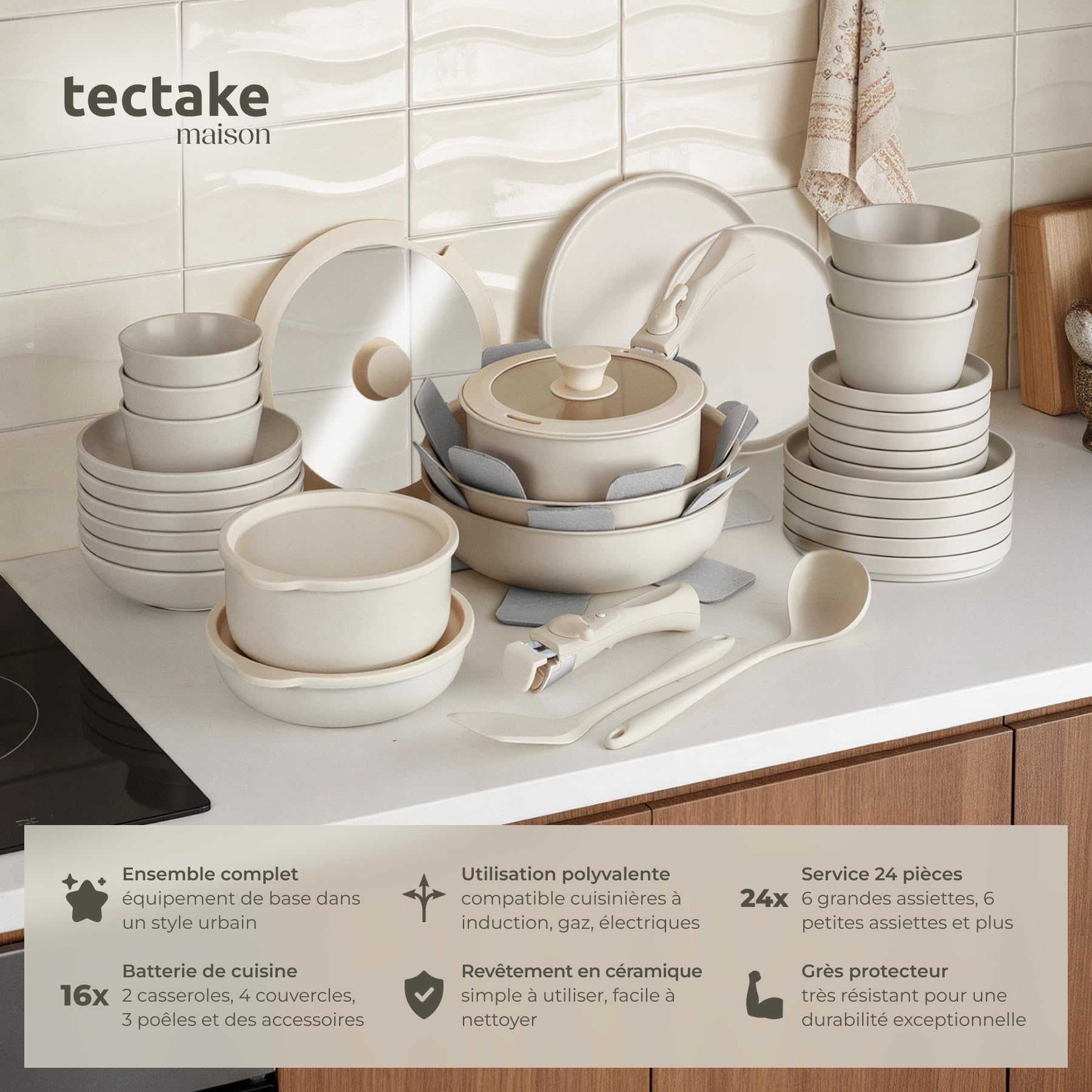 tectake® Set de cuisine 40 pièces, Service de table 6 personnes et Batterie de cuisine, Poêles Casseroles, Service vaisselle, Assiettes plates Assiettes creuses, Bol, Spatule Louche, Vaisselle en grès