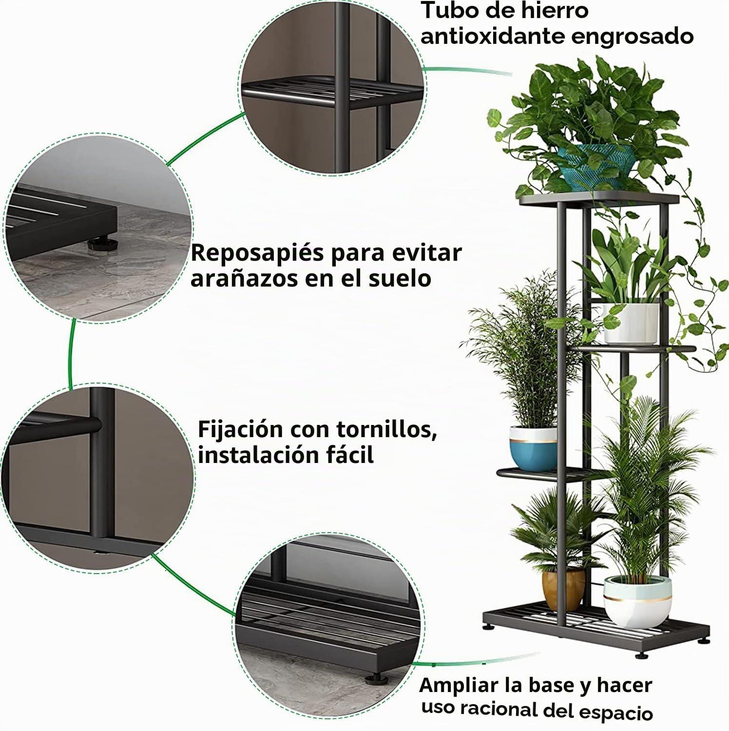 LINZINAR Soporte de metal para plantas de 4 niveles y 5 macetas, estante para macetas para interiores y exteriores, estantería de exhibición para patio, jardín, esquina, balcón, sala de estar (4