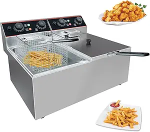 GarveeHome Commercial Deep Fryer with Basket, 6.3 QT/6 L Stainless Steel Electric Countertop Fryer with Double Tanks and Temperature Control for Restaurant and Home Use,1500 W+1500 W