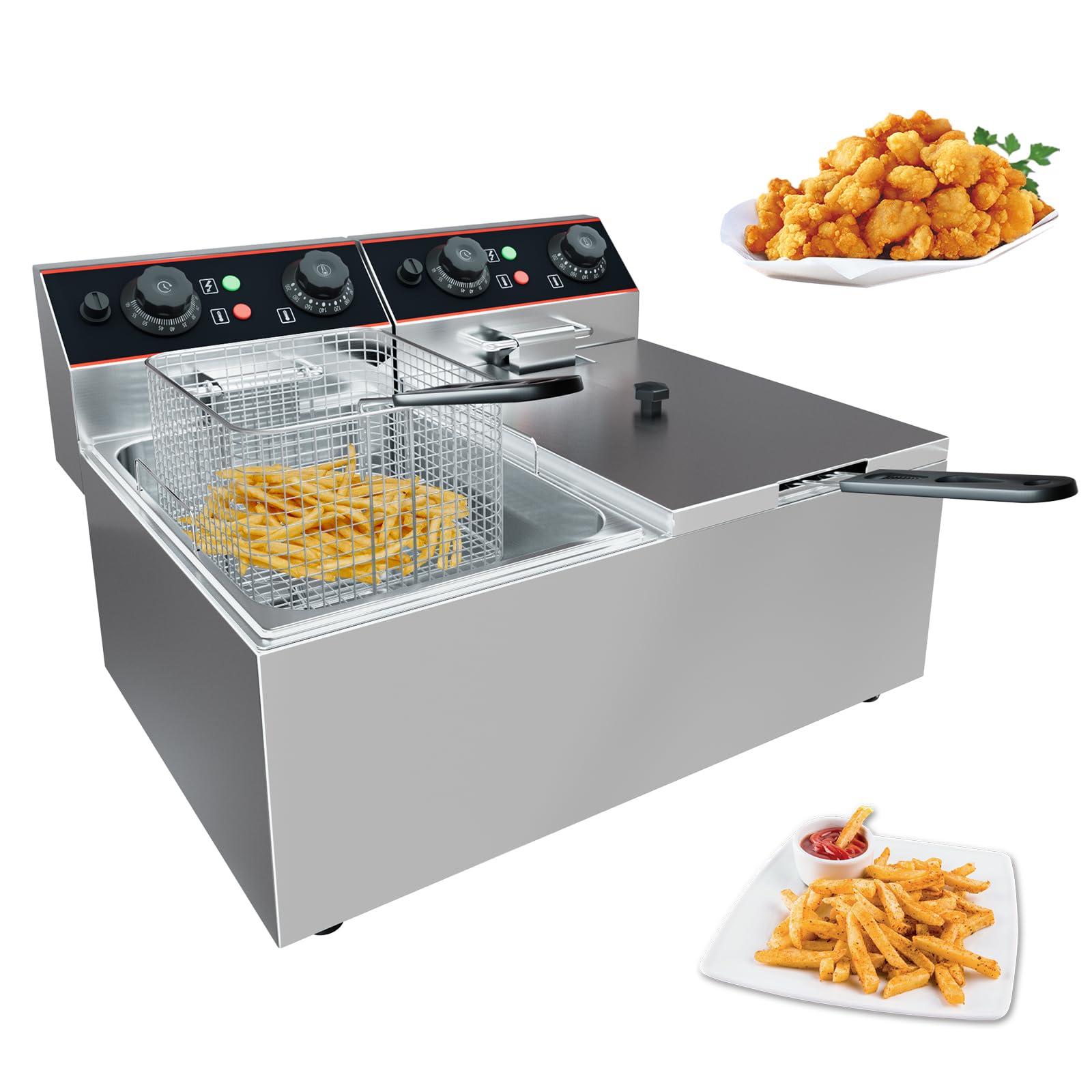 GarveeHome Commercial Deep Fryer with Basket, 12.6 QT Stainless Steel Electric Countertop Fryer with Double Tanks and Temperature Control for Restaurant and Home Use, 1500 W+1500 W