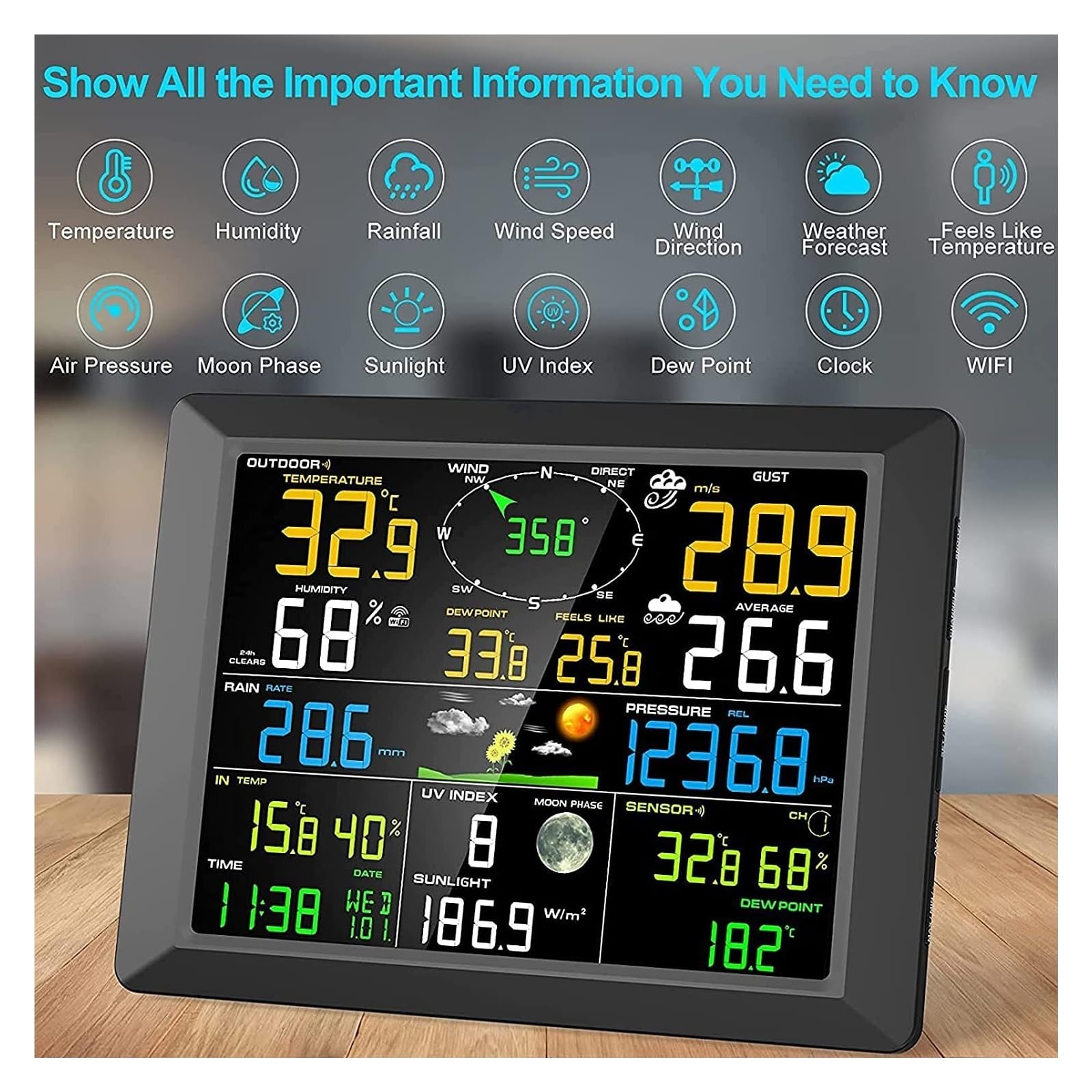 Termoigrometro FT0310 Stazione Meteo WiFi 7in1 Temperatura Interna umidità Esterna velocità del Direzione Pioggia UV Wireless Console Colori Previsioni