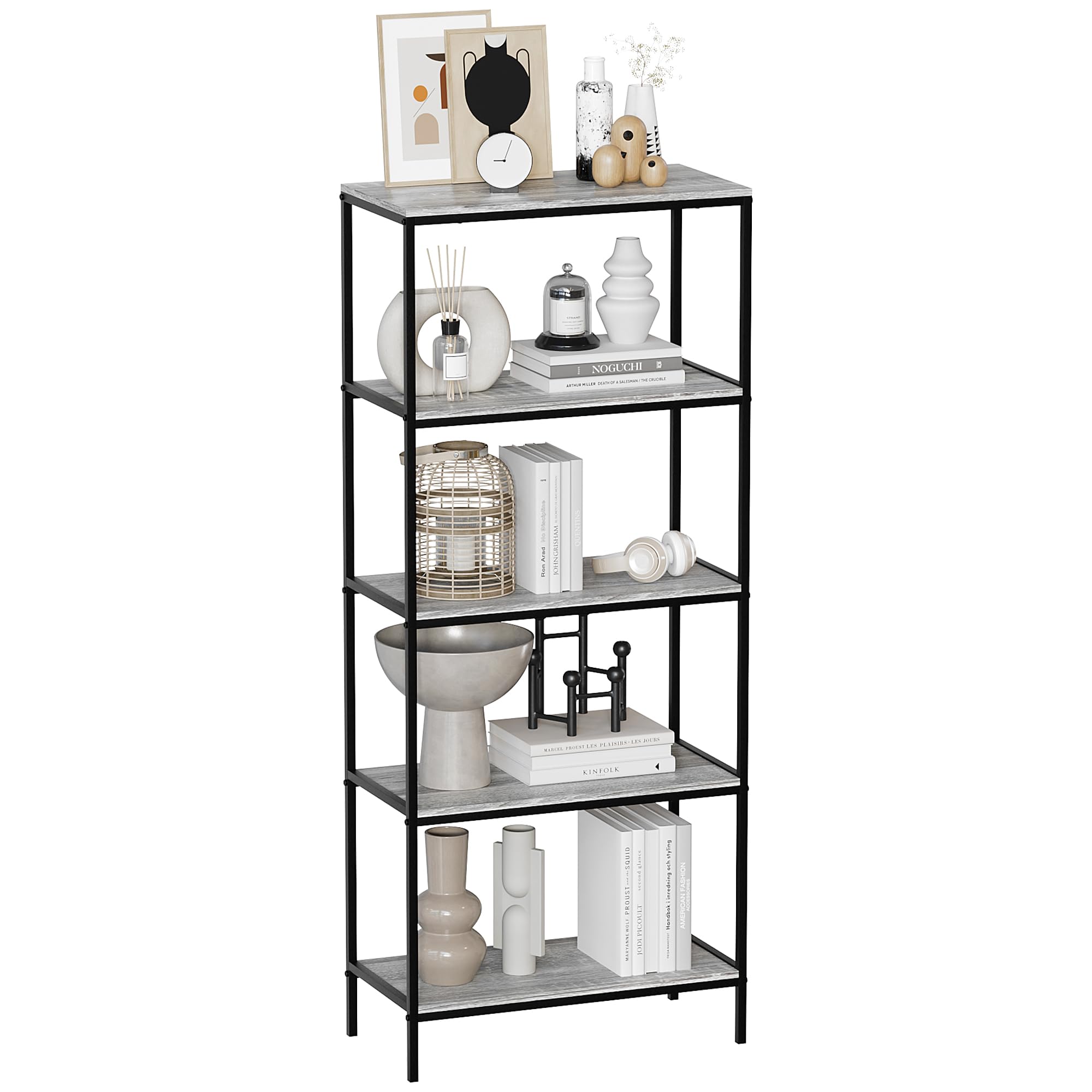 Vida Designs Brooklyn Bookcase Wooden Shelving Shelf Storage Display Shelves Unit Industrial Rustic Furniture (Grey, 5 Tier)
